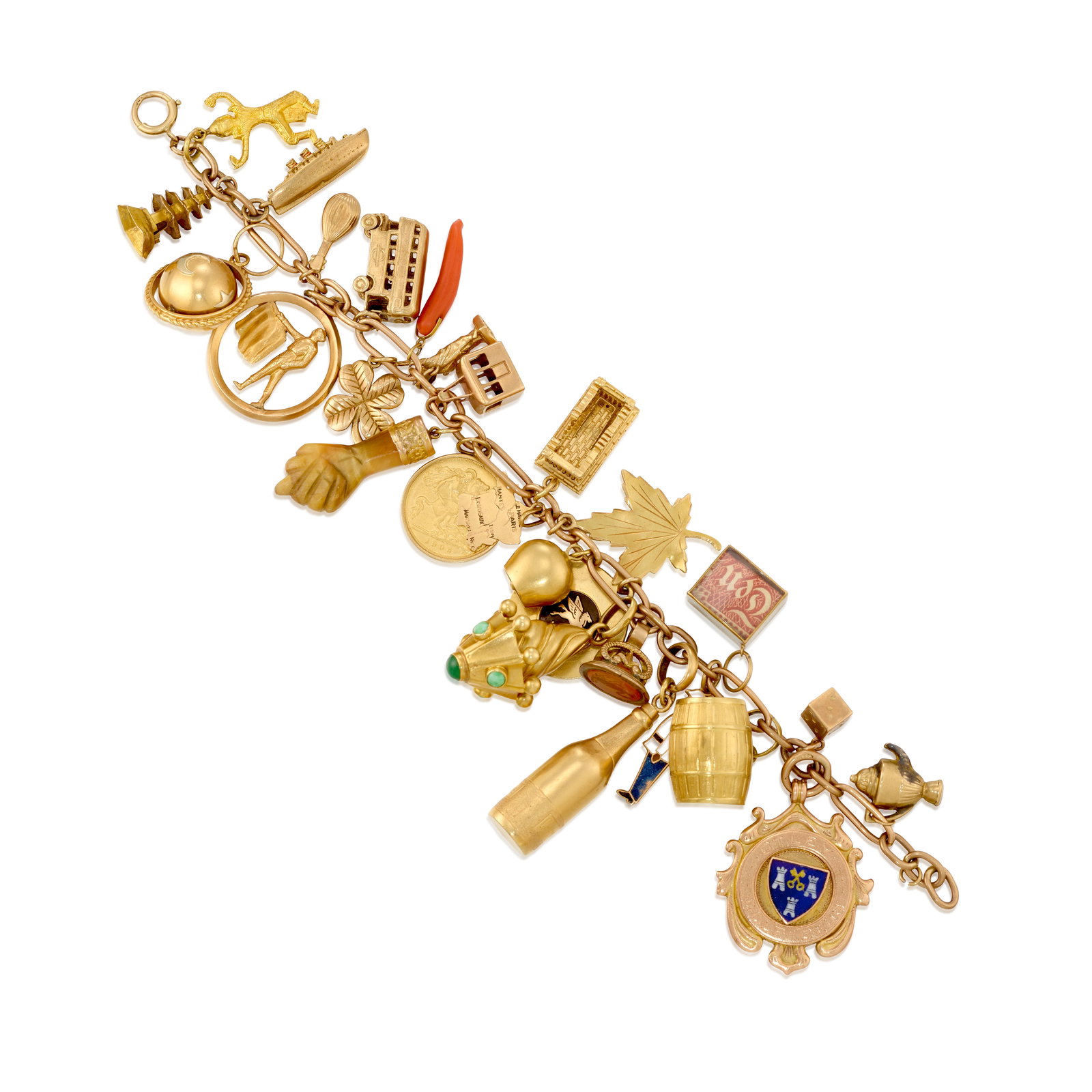 A GOLD, GEM-SET, GLASS AND ENAMEL CHARM BRACELET: A GOLD, GEM-SET, GLASS AND ENAMEL CHARM BRACELET Comprising a 9k gold fancy link bracelet, suspending various charms of gold-filled, 9k, 10k, 12k, 14k and 18k gold charms, including a 22k gold coin; v