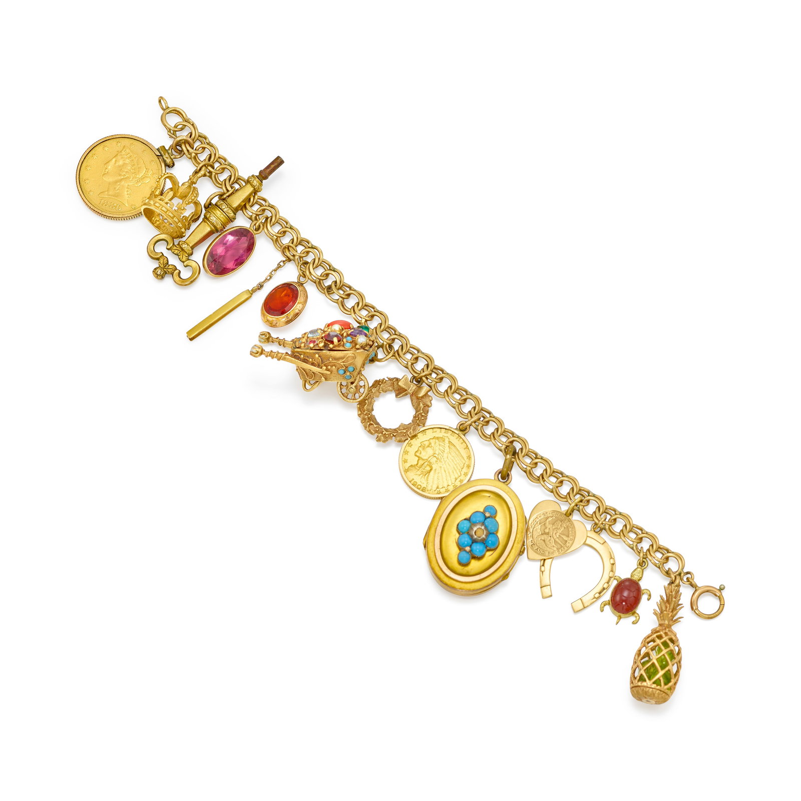 A CHARM BRACELET: A CHARM BRACELET Comprising various charms, including two 22k gold coin charms, all suspended from a 12k gold chain bracelet; chain length 7 1/2 in.; charms measure 5/8 - 1 1/2 in. Footnotes: OVERALL 