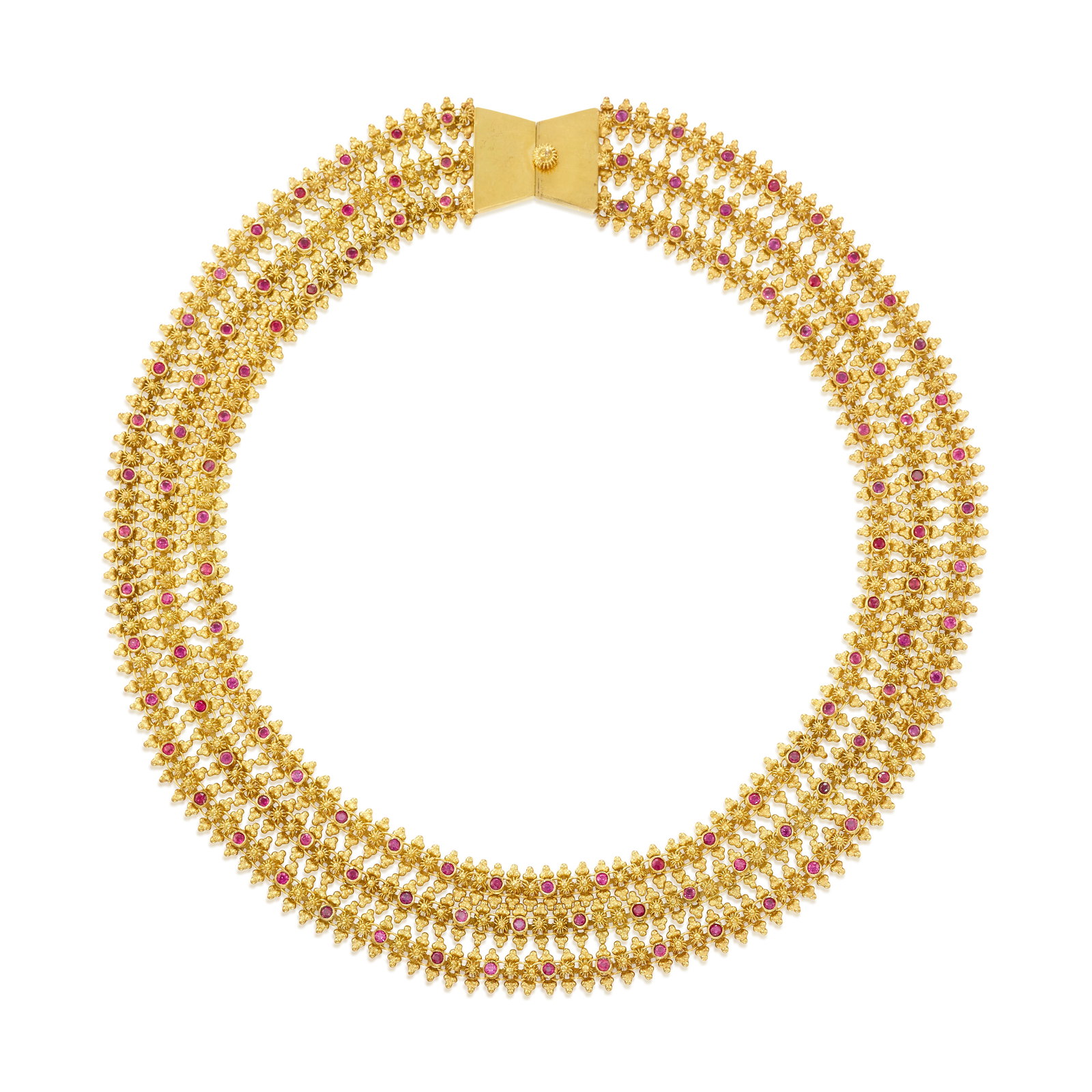 AN 18K GOLD AND RUBY NECKLACE: AN 18K GOLD AND RUBY NECKLACE Comprising three fancy link chains, each accented across with round rubies; estimated total ruby weight 2.40 carats; lengths 14 1/2 - 17 3/4 in. Footnotes: OVERALL