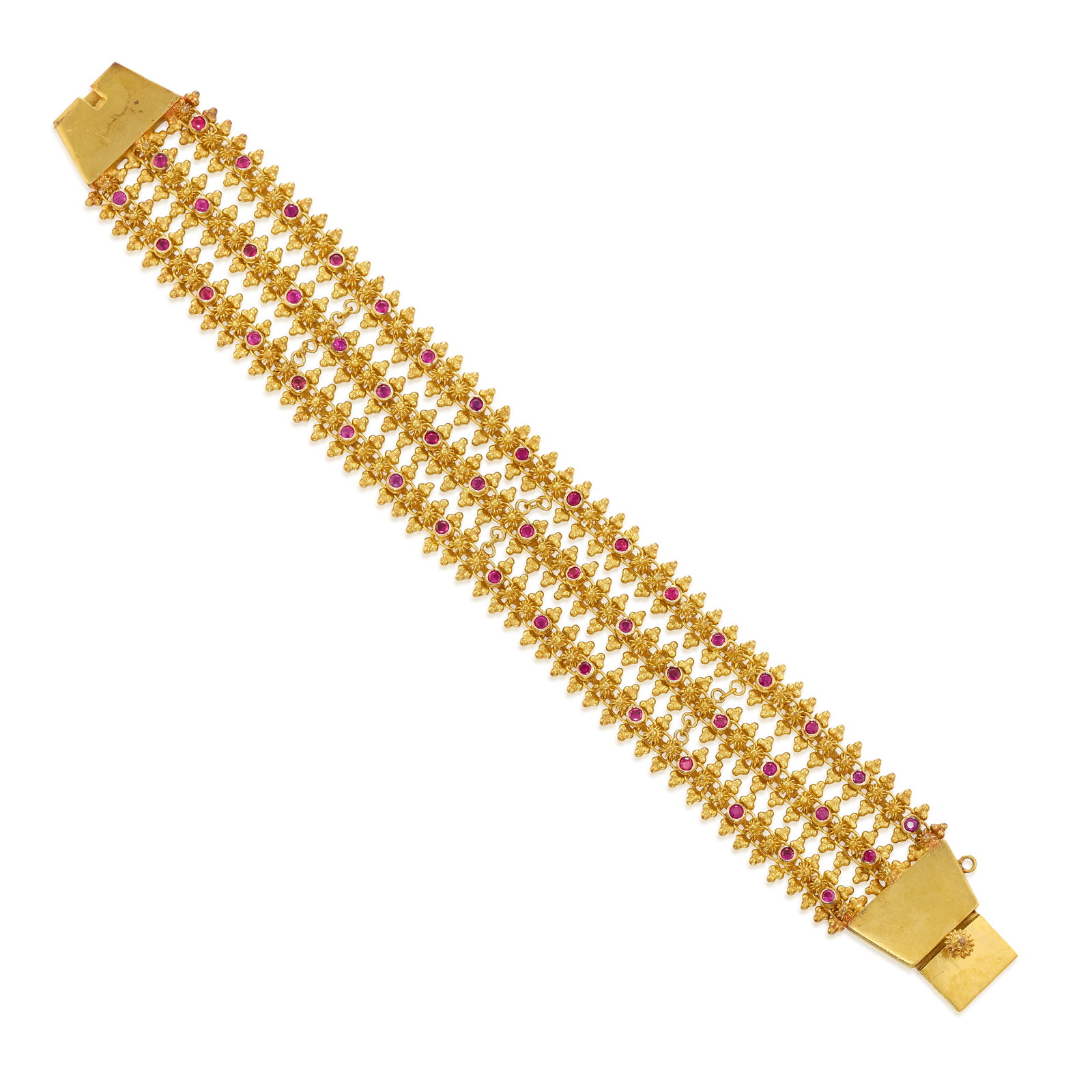 AN 18K GOLD AND RUBY BRACELET: AN 18K GOLD AND RUBY BRACELET Comprising three fancy link chains, each accented across with round rubies; estimated total ruby weight 0.95 carat; length 7 1/4 in.; width 1 in. Footnotes: OVERALL