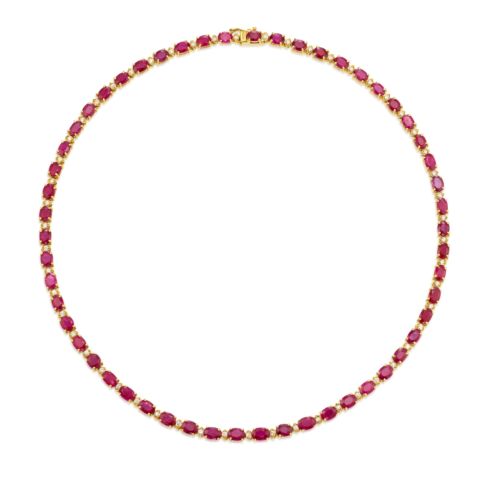 A 14K GOLD, RUBY AND DIAMOND NECKLACE: A 14K GOLD, RUBY AND DIAMOND NECKLACE A line necklace alternating oval-shaped rubies and round brilliant-cut diamonds; estimated total ruby weight 36.70 carats; estimated total diamond weight 1.30 car