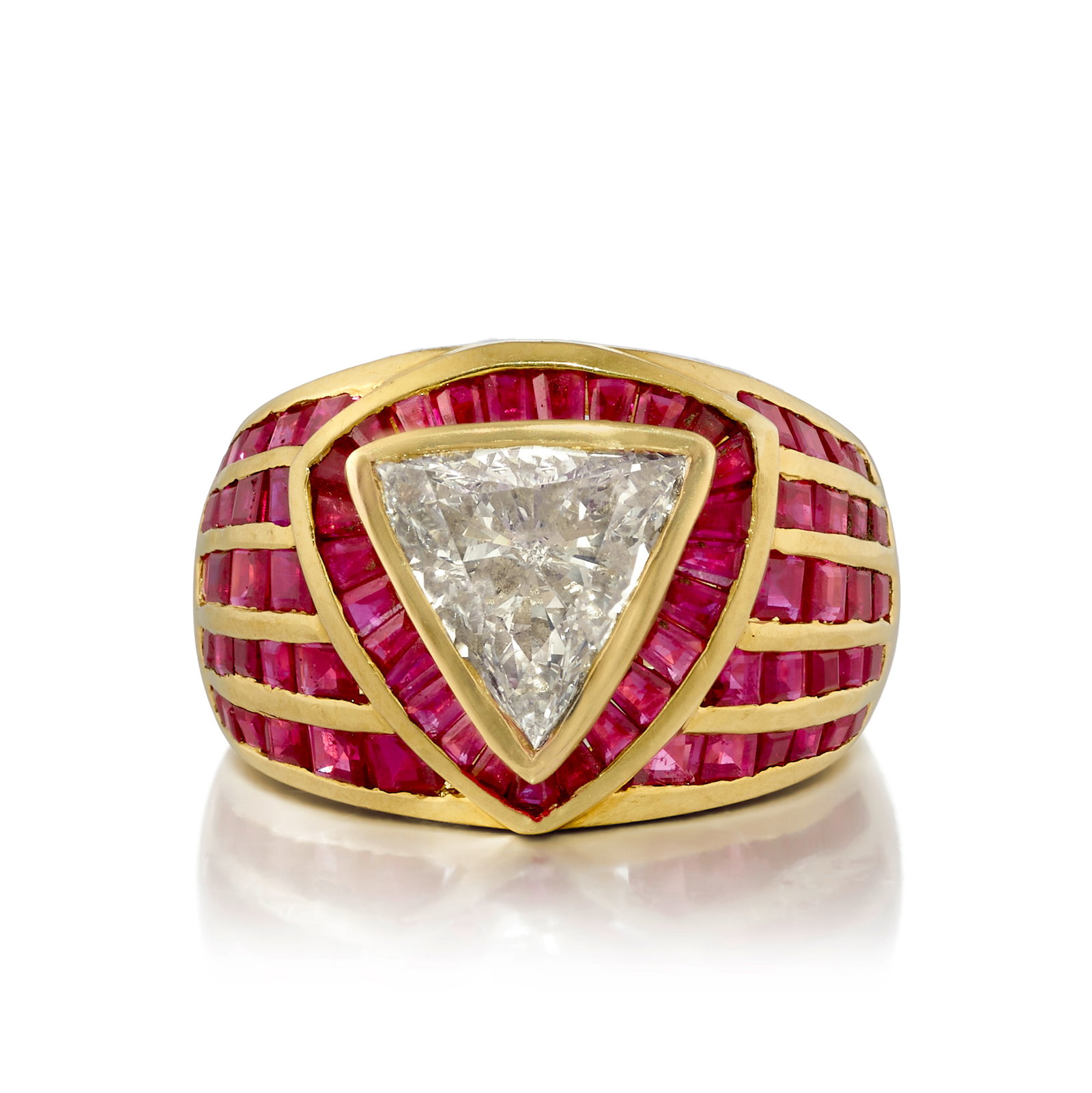A DIAMOND AND RUBY RING: A DIAMOND AND RUBY RING Centering a modified triangular brilliant-cut diamond, weighing 2.00 carats, in a surround of calibré-cut rubies; mounted in 18k gold; size 7 3/4 Footnotes: Accompanied by