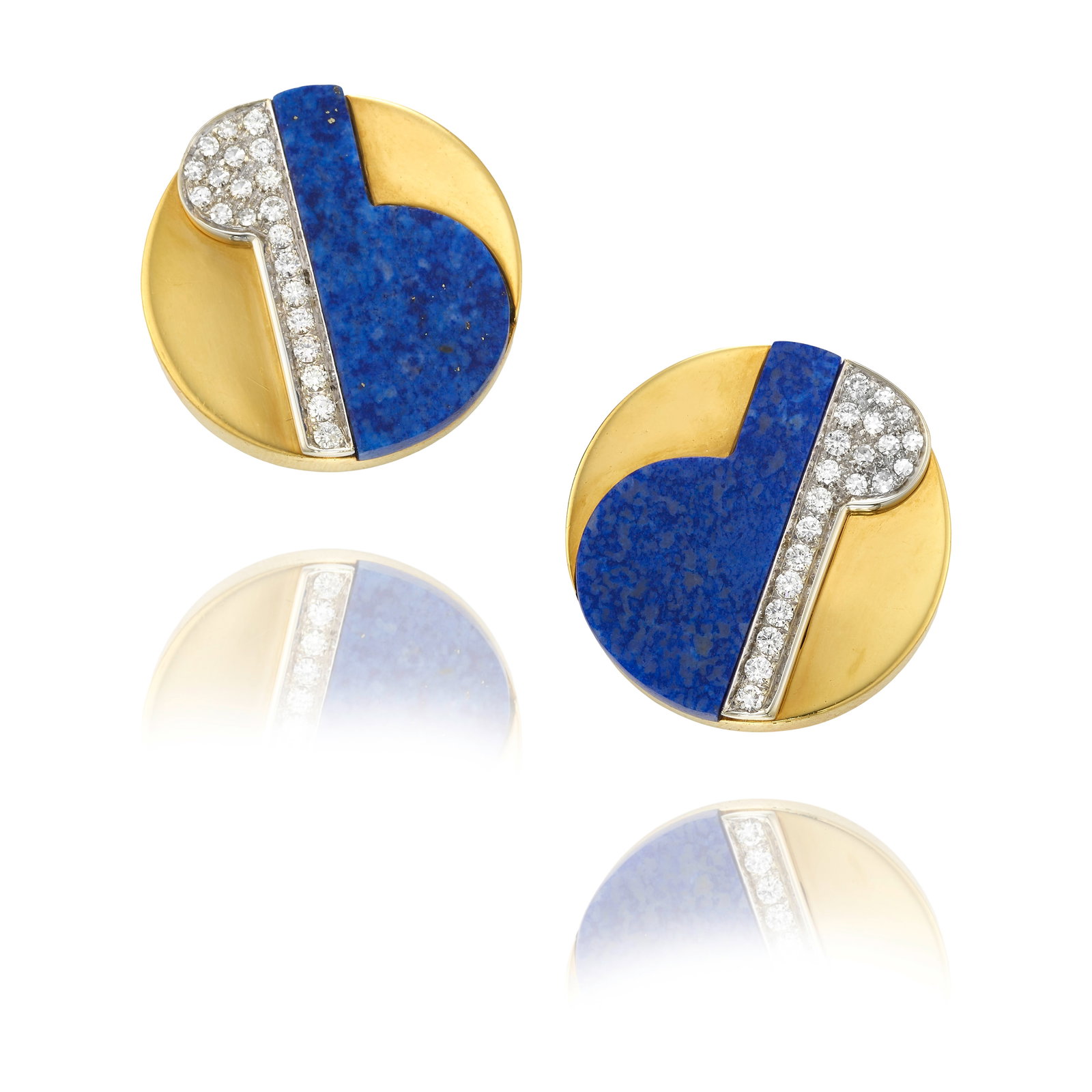A PAIR OF 18K BICOLOR GOLD, LAPIS LAZULI AND DIAMOND EARCLIPS (1 of 1)