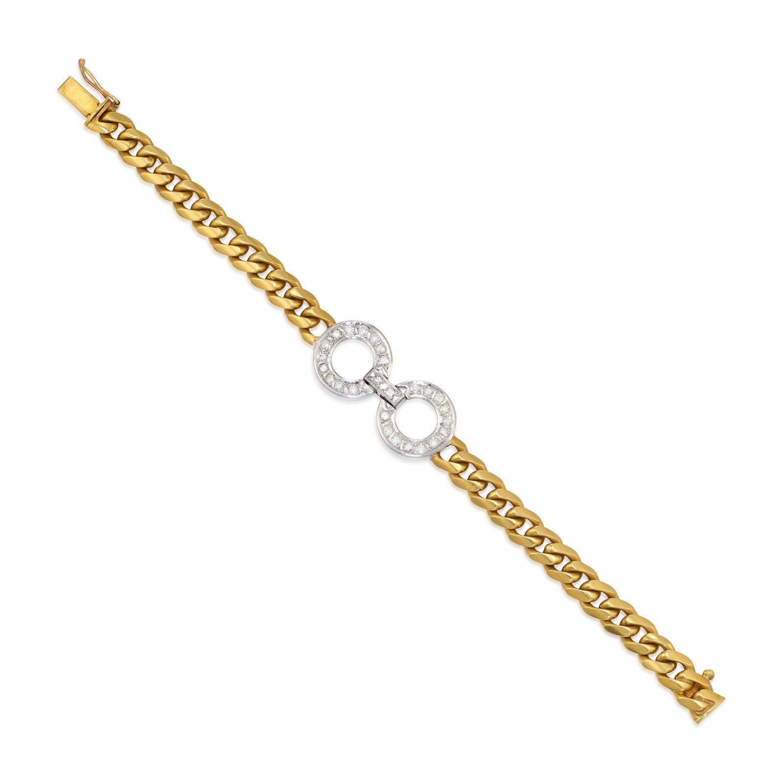 A DIAMOND BRACELET: A DIAMOND BRACELET Centering a double-ring station of white gold, accented by round brilliant-cut diamonds, completed by a yellow gold curb link chain; estimated total diamond weight 1.65 carats; moun