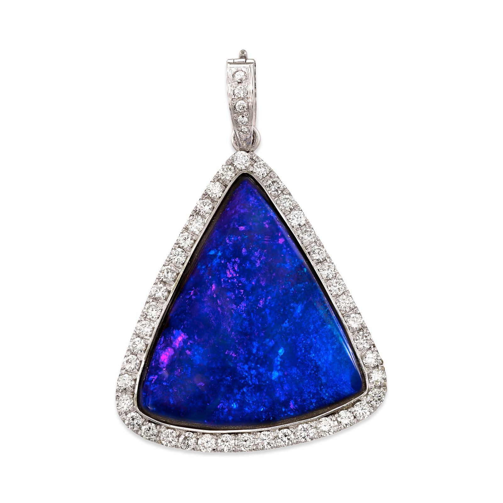 AN 18K WHITE GOLD, BOULDER OPAL AND DIAMOND ENHANCER/PENDANT: AN 18K WHITE GOLD, BOULDER OPAL AND DIAMOND ENHANCER/PENDANT Centering a triangular-shaped cabochon boulder opal, in a surround of round brilliant-cut diamonds; estimated opal weight 79.10 carats; est