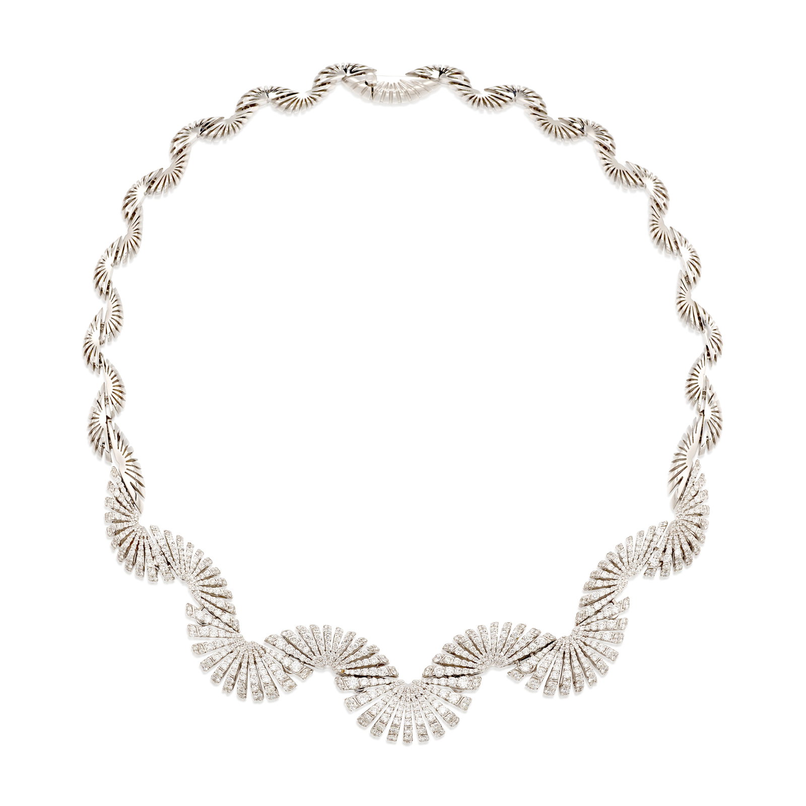 MISENO: AN 18K WHITE GOLD AND DIAMOND 'RAGGI' NECKLACE: MISENO: AN 18K WHITE GOLD AND DIAMOND 'RAGGI' NECKLACE Of undulating design, accented with round brilliant-cut diamonds; with maker's mark; with Italian registered trademark; estimated total diamond w