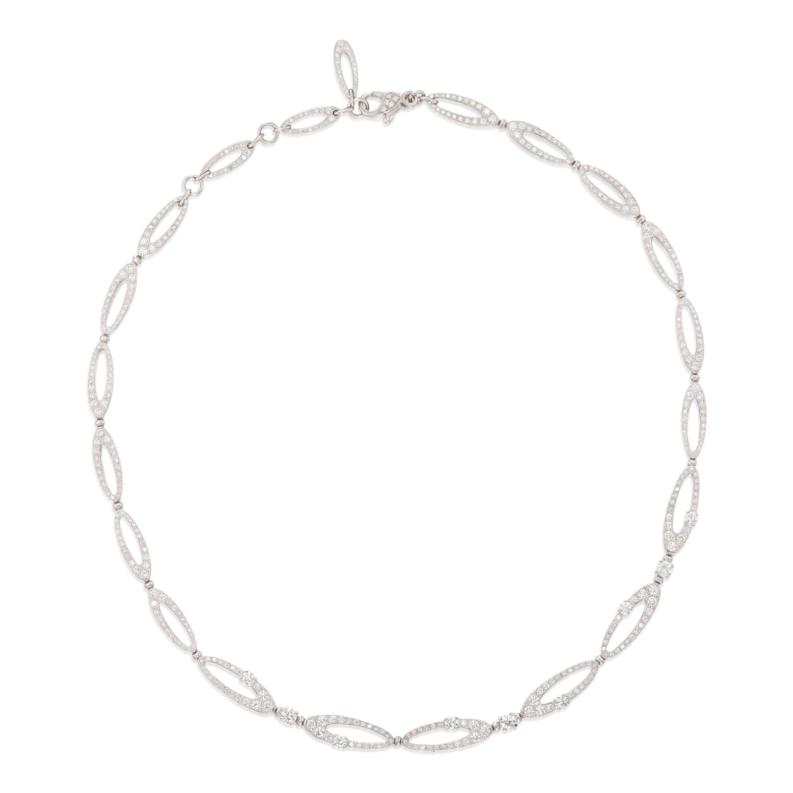 BULGARI: AN 18K WHITE GOLD AND DIAMOND 'ELISIA' NECKLACE: BULGARI: AN 18K WHITE GOLD AND DIAMOND 'ELISIA' NECKLACE Comprising oval links, accented with round brilliant-cut diamonds; signed Bulgari; with Italian registered trademark; estimated total diamond w