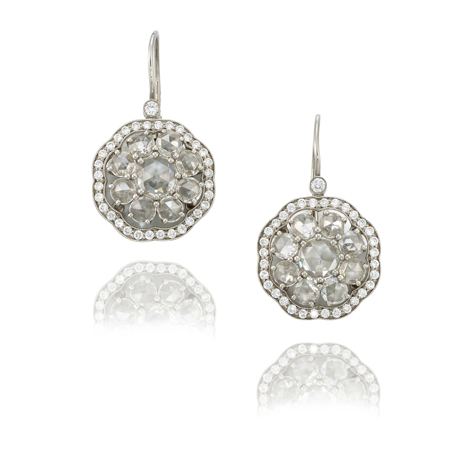 TIFFANY & CO.: A PAIR OF PLATINUM AND DIAMOND 'COBBLESTONE' EARRINGS: TIFFANY & CO.: A PAIR OF PLATINUM AND DIAMOND 'COBBLESTONE' EARRINGS Each comprising central clusters of round rose-cut diamonds, in surrounds of round brilliant-cut diamonds; signed Tiffany & Co.; es