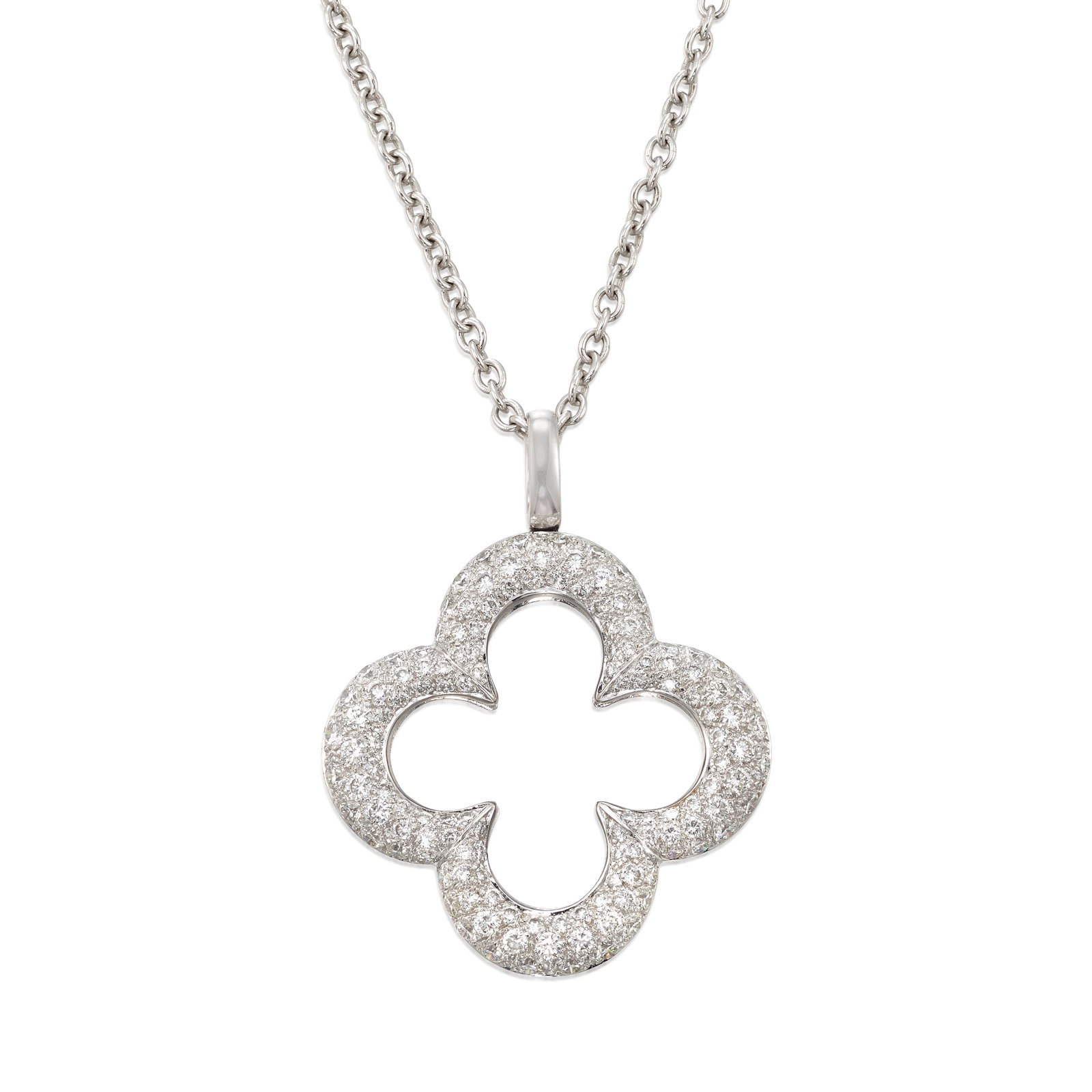 HEIDI KLUM FOR MOUAWAD: AN 18K WHITE GOLD AND DIAMOND PENDANT NECKLACE: HEIDI KLUM FOR MOUAWAD: AN 18K WHITE GOLD AND DIAMOND PENDANT NECKLACE Of quatrefoil design, pavé-set with round brilliant-cut diamonds; pendant signed Mouawad; pendant signed Heidi Klum; chain w