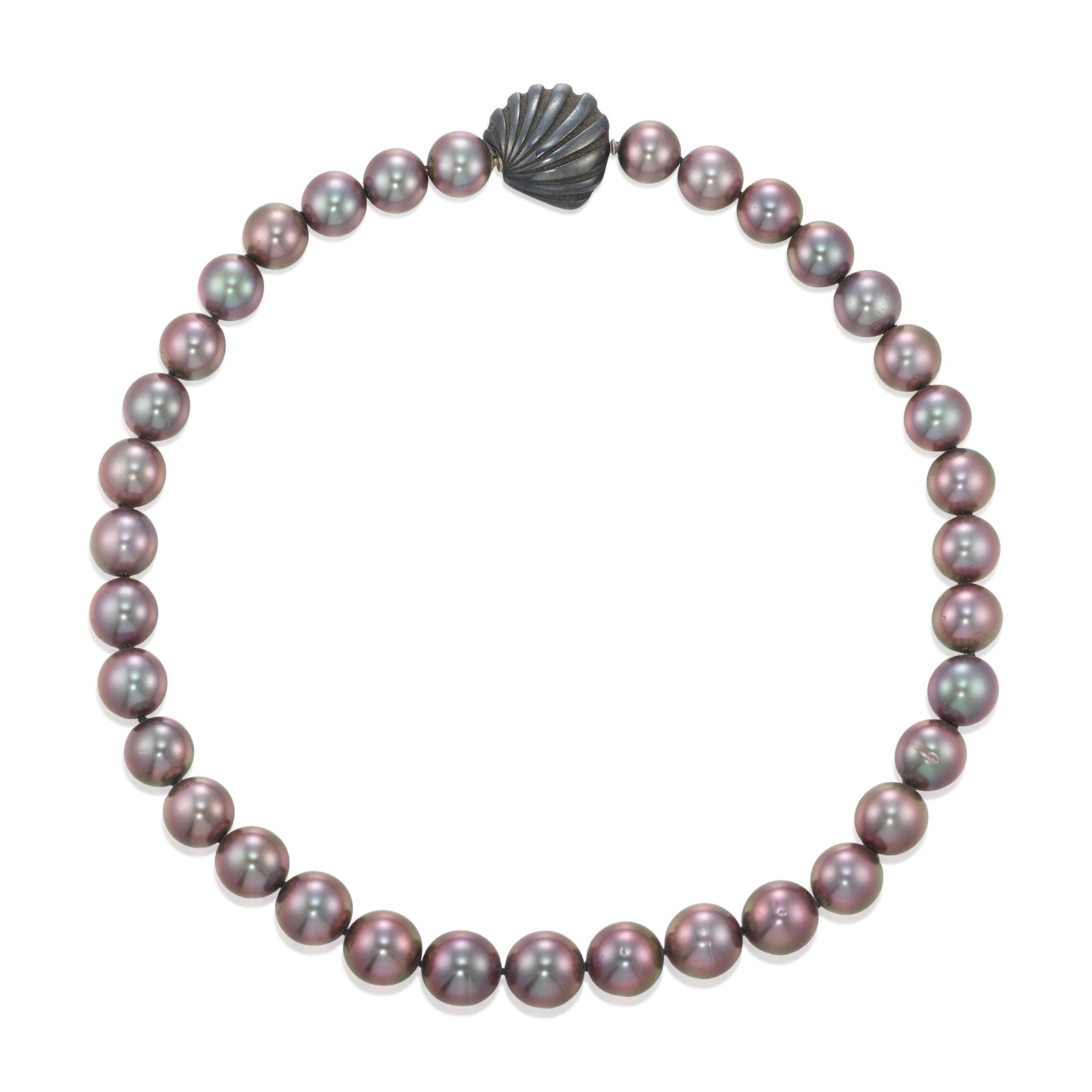 ROBERT WAN: A CULTURED PEARL NECKLACE: ROBERT WAN: A CULTURED PEARL NECKLACE A strand of graduated cultured pearls, completed by a silver shell clasp; with maker's mark; with serial number; with engraving; length 16 3/4 in.; accompanied by