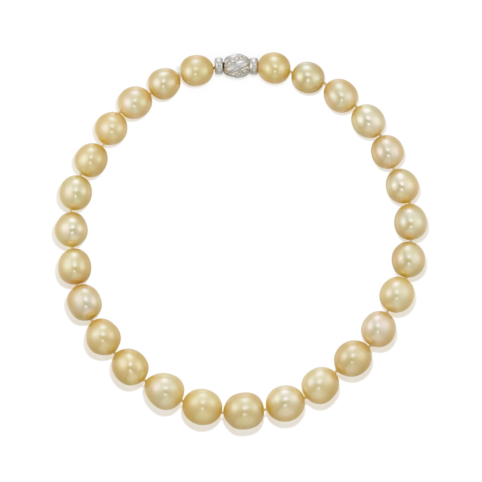 A CULTURED PEARL AND DIAMOND NECKLACE: A CULTURED PEARL AND DIAMOND NECKLACE A strand of graduated oval-shaped, semi-baroque and near round cultured pearls, completed by a clasp accented with round brilliant-cut diamonds; clasp fabricated 