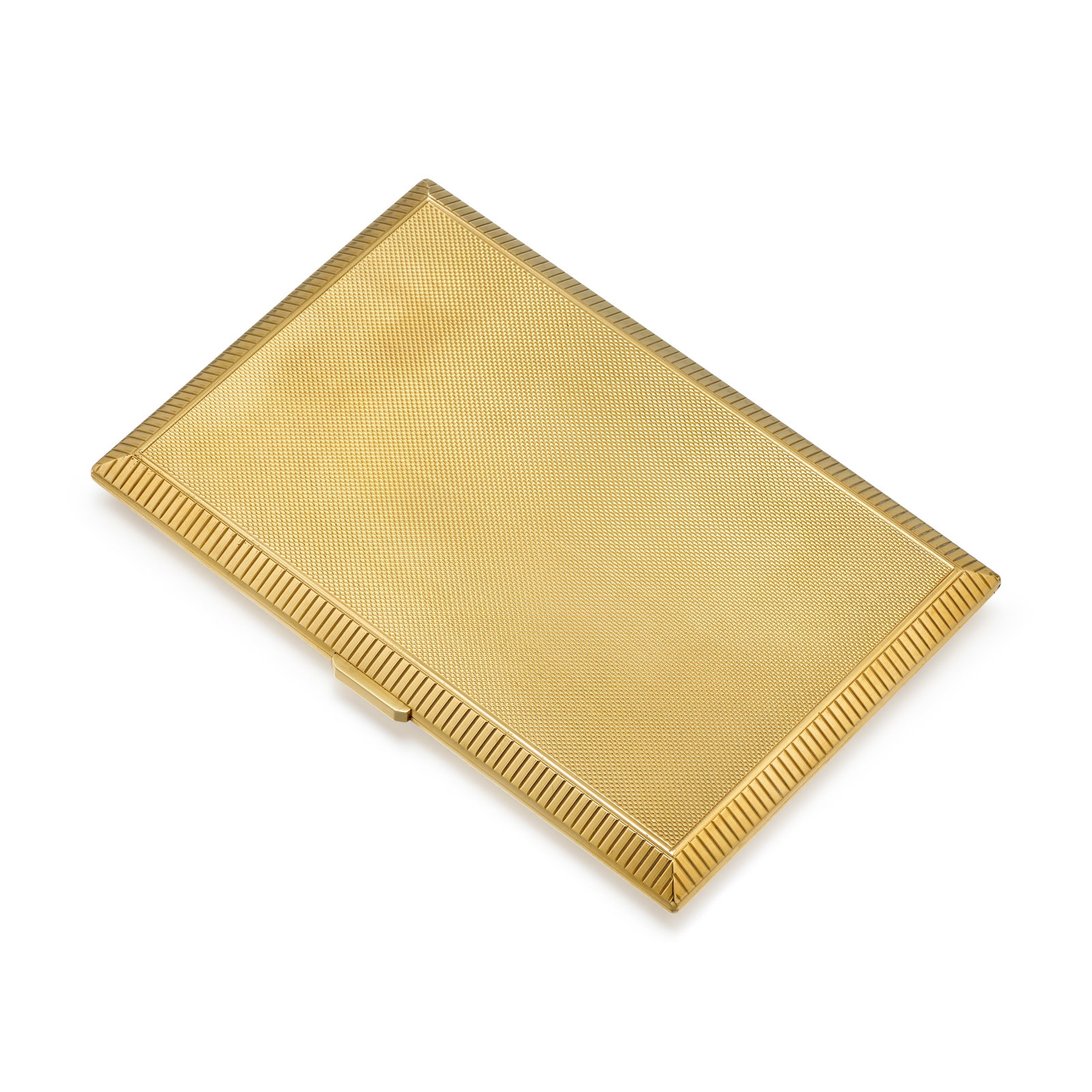 A 9K GOLD CIGARETTE CASE, CIRCA 1960: A 9K GOLD CIGARETTE CASE, CIRCA 1960 Of patterned gold; with maker's mark; with English hallmarks; measures 5 (L) x 3 5/16 (W) x 3/8 (D) in. Footnotes: OVERALL CONDITION: Metal stamped and tested with