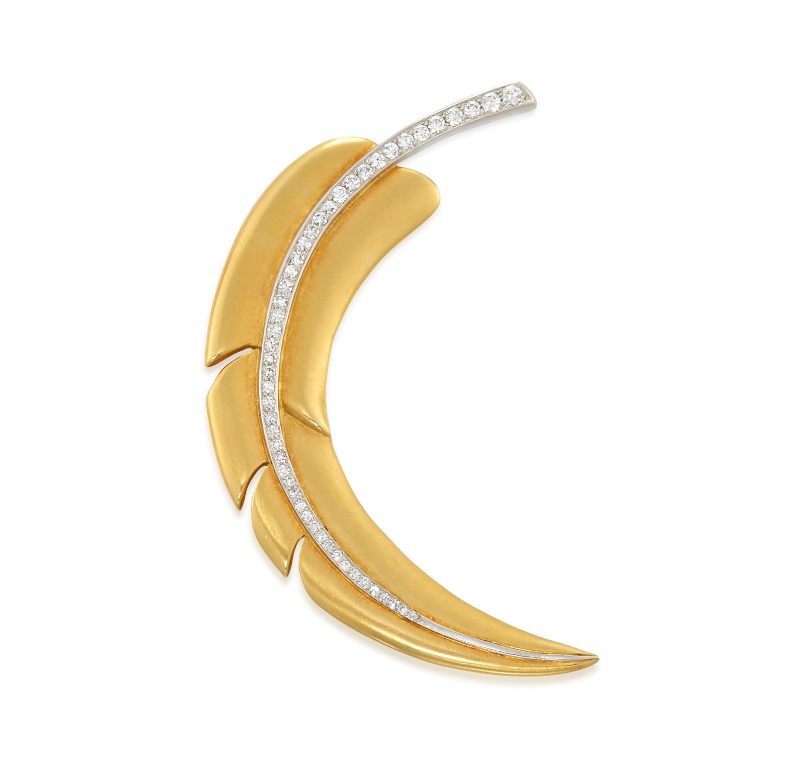 ANGELA CUMMINGS FOR TIFFANY & CO.: AN 18K GOLD, PLATINUM AND DIAMOND BROOCH: ANGELA CUMMINGS FOR TIFFANY & CO.: AN 18K GOLD, PLATINUM AND DIAMOND BROOCH Designed as a feather, the quill and rachis accented with round brilliant and single-cut diamonds; signed T&Co.; signed Cumm