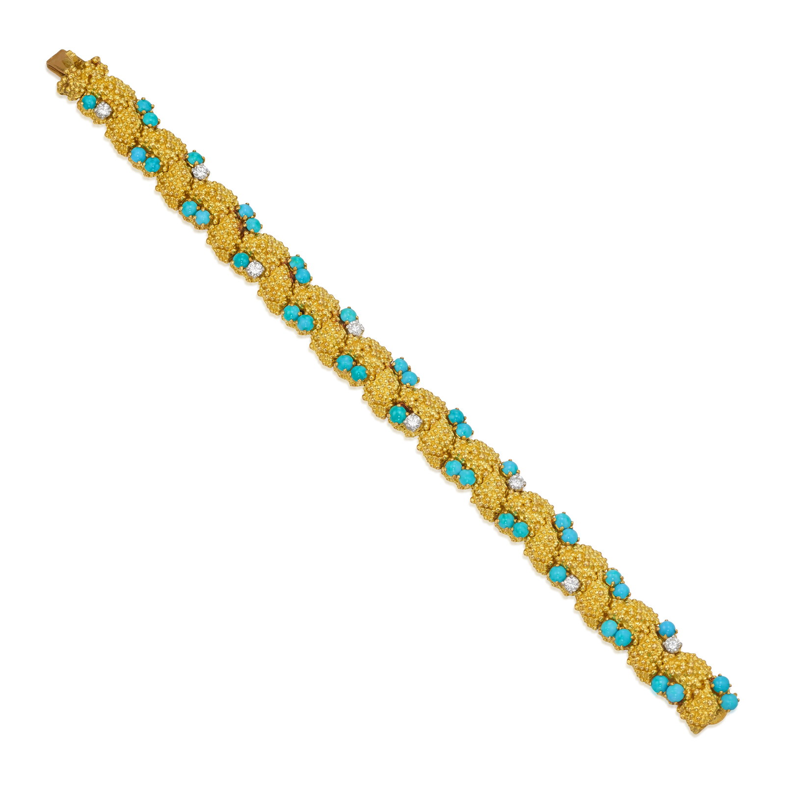 ANDRÉ VASSORT FOR BOUCHERON-PARIS: AN 18K GOLD, TURQUOISE AND DIAMOND BRACELET, CIRCA 1970: ANDRÉ VASSORT FOR BOUCHERON-PARIS: AN 18K GOLD, TURQUOISE AND DIAMOND BRACELET, CIRCA 1970 A linked bracelet of dimensional, gold granular design, accented with round cabochon turquoise and round