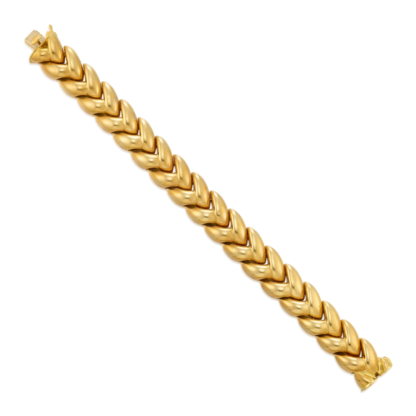 CARTIER: AN 18K GOLD 'ELISE' BRACELET: CARTIER: AN 18K GOLD 'ELISE' BRACELET A link bracelet of braided design; signed Cartier; with serial number; length 7 1/2 in.; width 9/16 in. Footnotes: OVERALL CONDITION: Metal stamped and tested wit