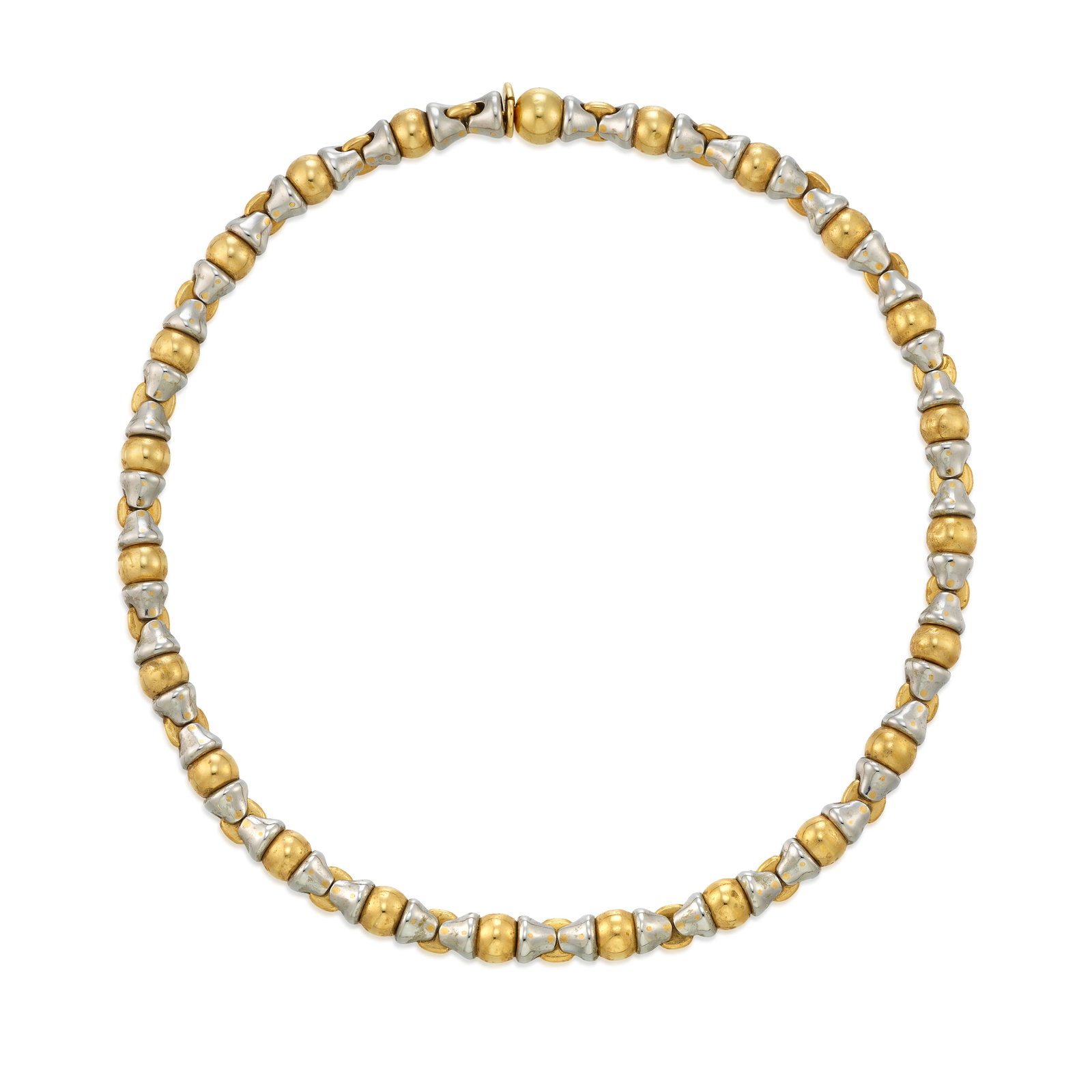 BULGARI: AN 18K GOLD AND STAINLESS STEEL NECKLACE: BULGARI: AN 18K GOLD AND STAINLESS STEEL NECKLACE A fancy link necklace, alternating gold and stainless steel elements; signed Bulgari; 1988; length 16 in. Footnotes: OVERALL CONDITION: Metal stamped 