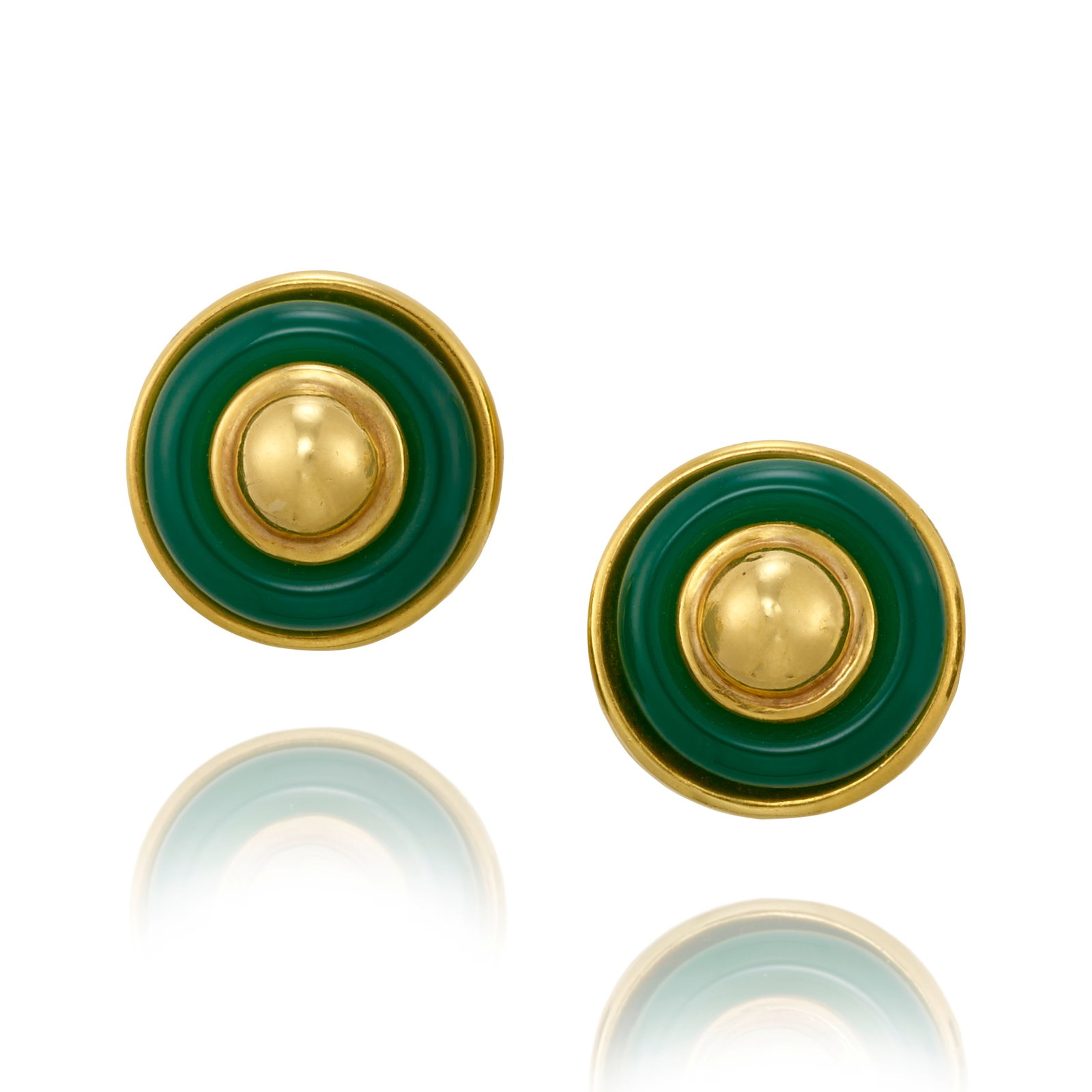 TIFFANY & CO.: A PAIR OF 18K GOLD AND DYED GREEN CHALCEDONY EARRINGS: TIFFANY & CO.: A PAIR OF 18K GOLD AND DYED GREEN CHALCEDONY EARRINGS Each of button design, comprising carved dyed green chalcedony elements; signed Tiffany & Co. measures 3/4 in. Footnotes: OVERALL C