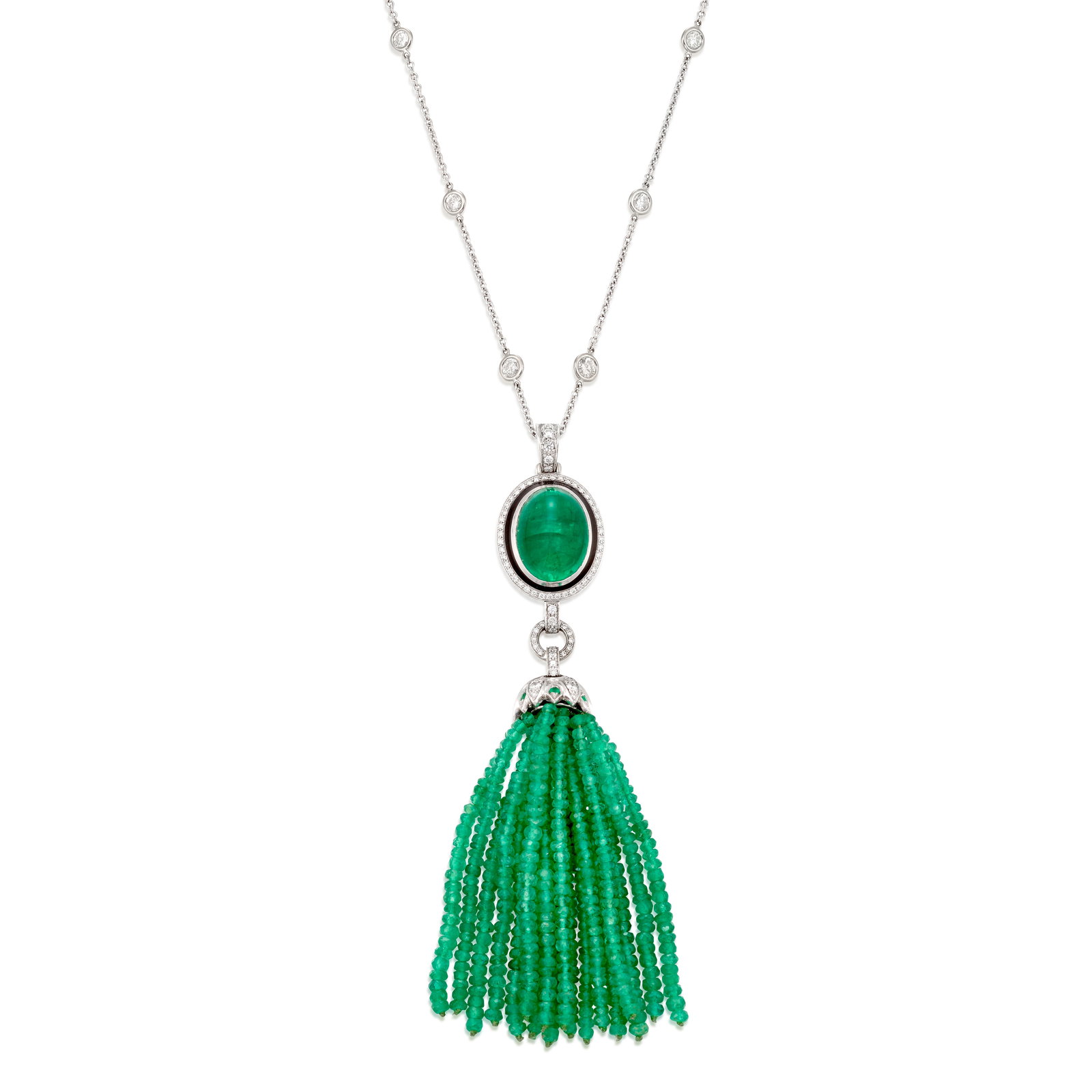 AN EMERALD, ENAMEL AND DIAMOND ENHANCER PENDANT/NECKLACE: AN EMERALD, ENAMEL AND DIAMOND ENHANCER PENDANT/NECKLACE The pendant centering an oval-shaped emerald cabochon, accented by black enamelwork and round brilliant-cut diamonds, suspending a removable ta