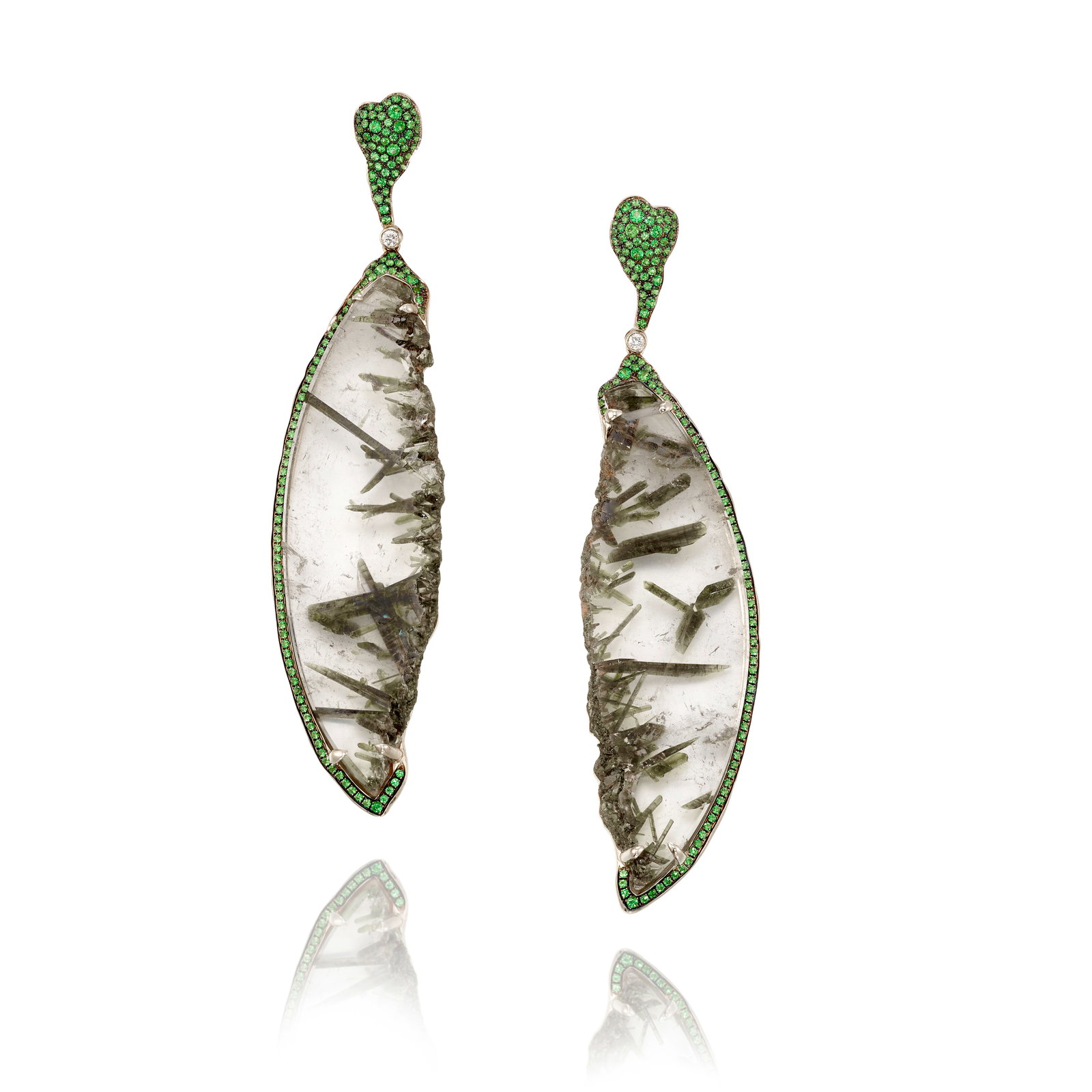 A PAIR OF 14K GOLD, QUARTZ, TSAVORITE AND DIAMOND EARRINGS: A PAIR OF 14K GOLD, QUARTZ, TSAVORITE AND DIAMOND EARRINGS Comprising slices of quartz with green tourmaline inclusions, accented with pavé-set tsavorite garnets and round brilliant-cut diamonds;