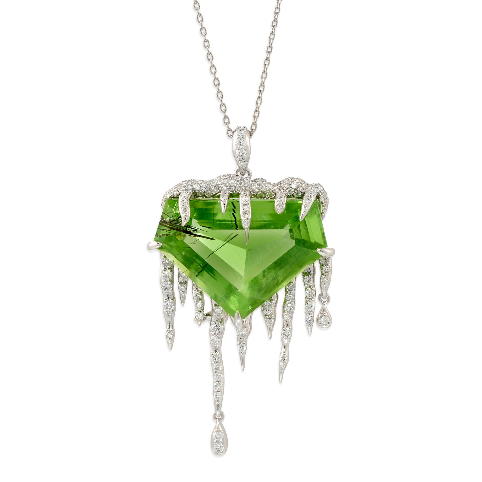 FEI LIU: A PLATINUM, PERIDOT AND DIAMOND PENDANT NECKLACE: FEI LIU: A PLATINUM, PERIDOT AND DIAMOND PENDANT NECKLACE The pendant comprising a pentagon-shaped peridot, accented by icicles of round brilliant-cut diamonds, suspended from an oval link chain neckl