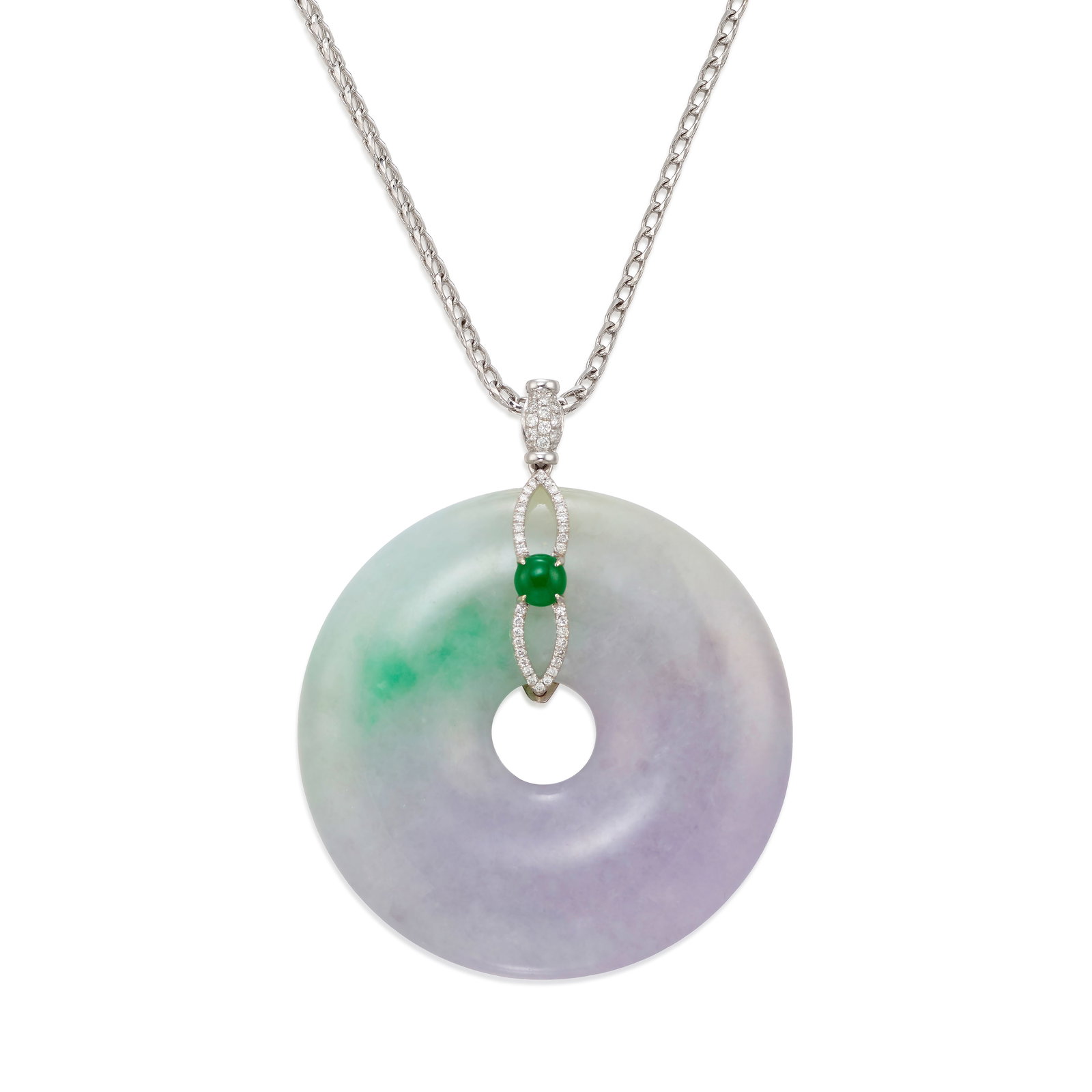 AN 18K WHITE GOLD, JADE AND DIAMOND PENDANT NECKLACE: AN 18K WHITE GOLD, JADE AND DIAMOND PENDANT NECKLACE The pendant comprising a variegated purple and green hololith jade, accented with a round cabochon jade and round brilliant-cut diamonds, suspended