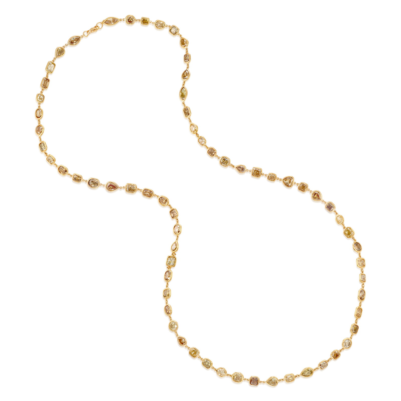 AN 18K PINK GOLD AND COLORED DIAMOND NECKLACE: AN 18K PINK GOLD AND COLORED DIAMOND NECKLACE Alternating round brilliant-cut and cushion, marquise, pear, emerald and shield-shaped diamonds of brown and green hues; estimated total diamond weight 72