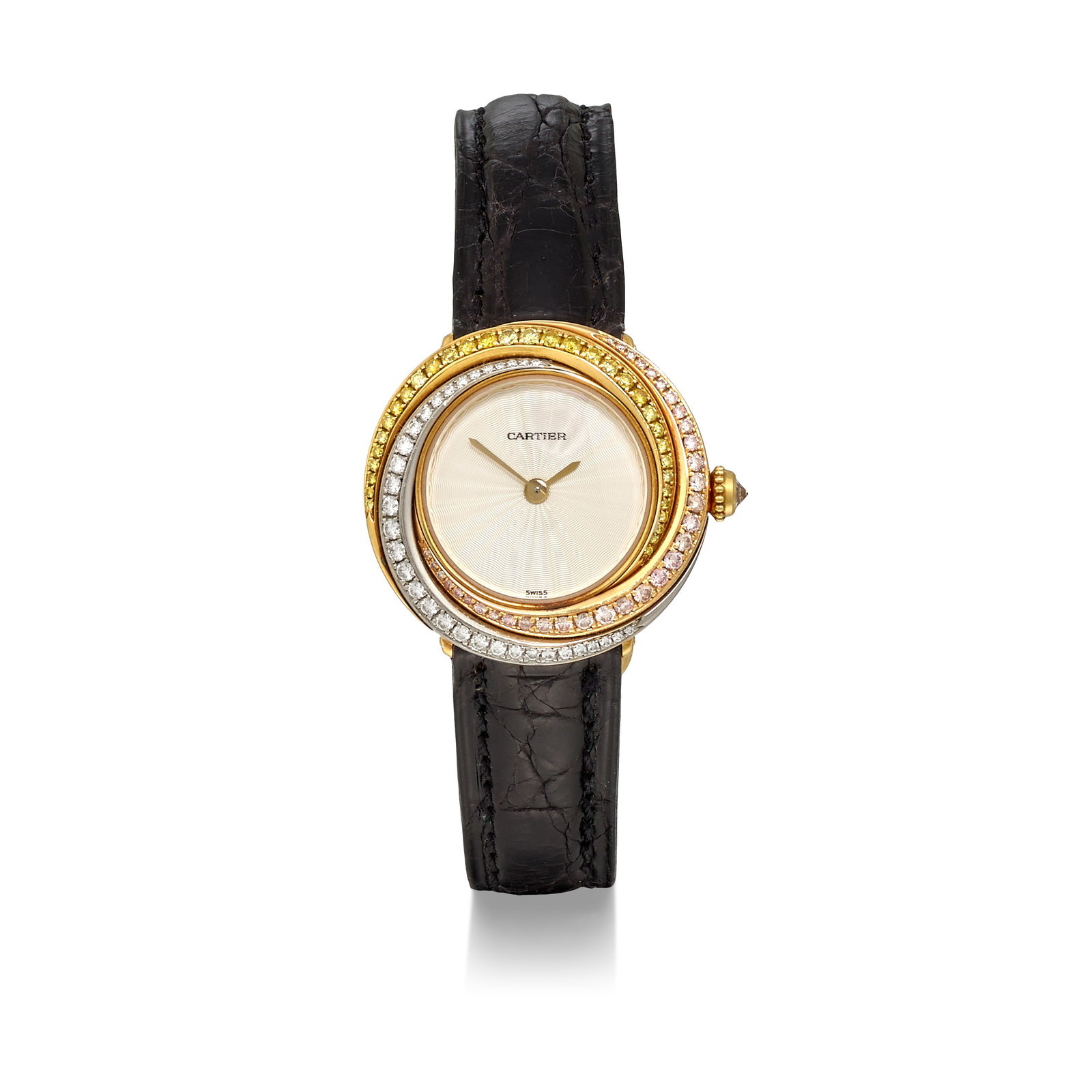 CARTIER: AN 18K TRICOLOR GOLD, DIAMOND AND COLORED DIAMOND 'TRINITY' WRISTWATCH (1 of 1)