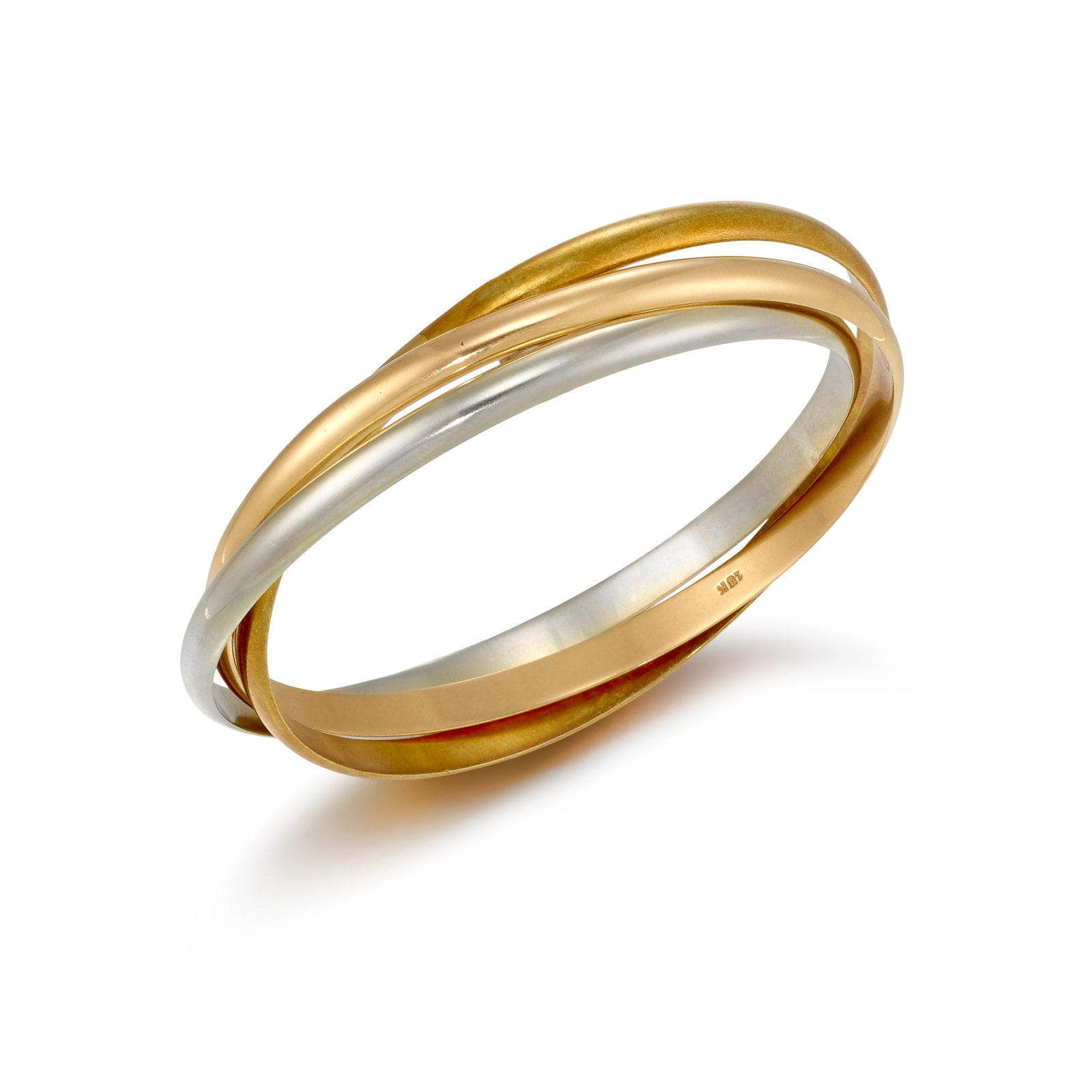 AN 18K TRICOLOR GOLD BRACELET: AN 18K TRICOLOR GOLD BRACELET Designed as interlocking bangles of white, yellow and pink gold; inner circumference 8 1/2 in. Footnotes: OVERALL CONDITION: Metals stamped and tested with XRF (X-ray flu