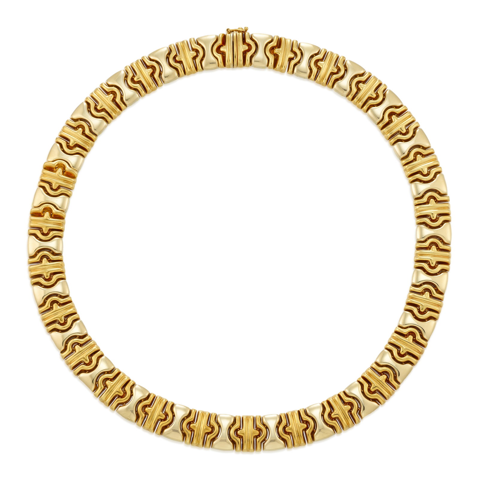 AN 18K BICOLOR GOLD NECKLACE: AN 18K BICOLOR GOLD NECKLACE A linked collar of geometric design; Italy; length 17 1/2 in.; width 1/2 in. Footnotes: OVERALL CONDITION: Metal stamped and tested with XRF (X-ray fluorescence) for 18k g