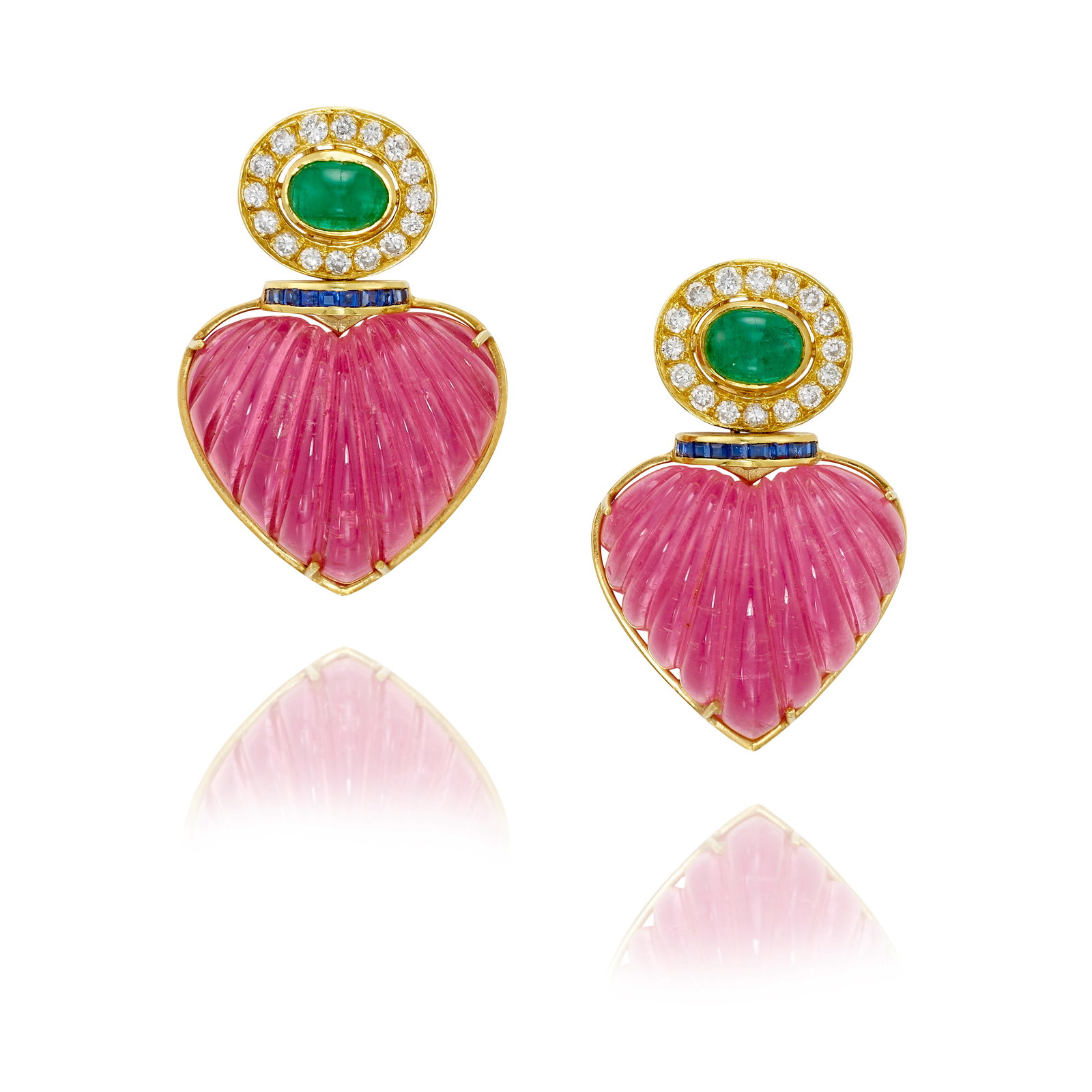 A PAIR OF PINK TOURMALINE, GEM-SET AND DIAMOND EARRINGS: A PAIR OF PINK TOURMALINE, GEM-SET AND DIAMOND EARRINGS Each comprising carved heart-shaped pink tourmalines, oval-shaped cabochon emeralds, square-cut sapphires and round brilliant-cut diamonds; esti