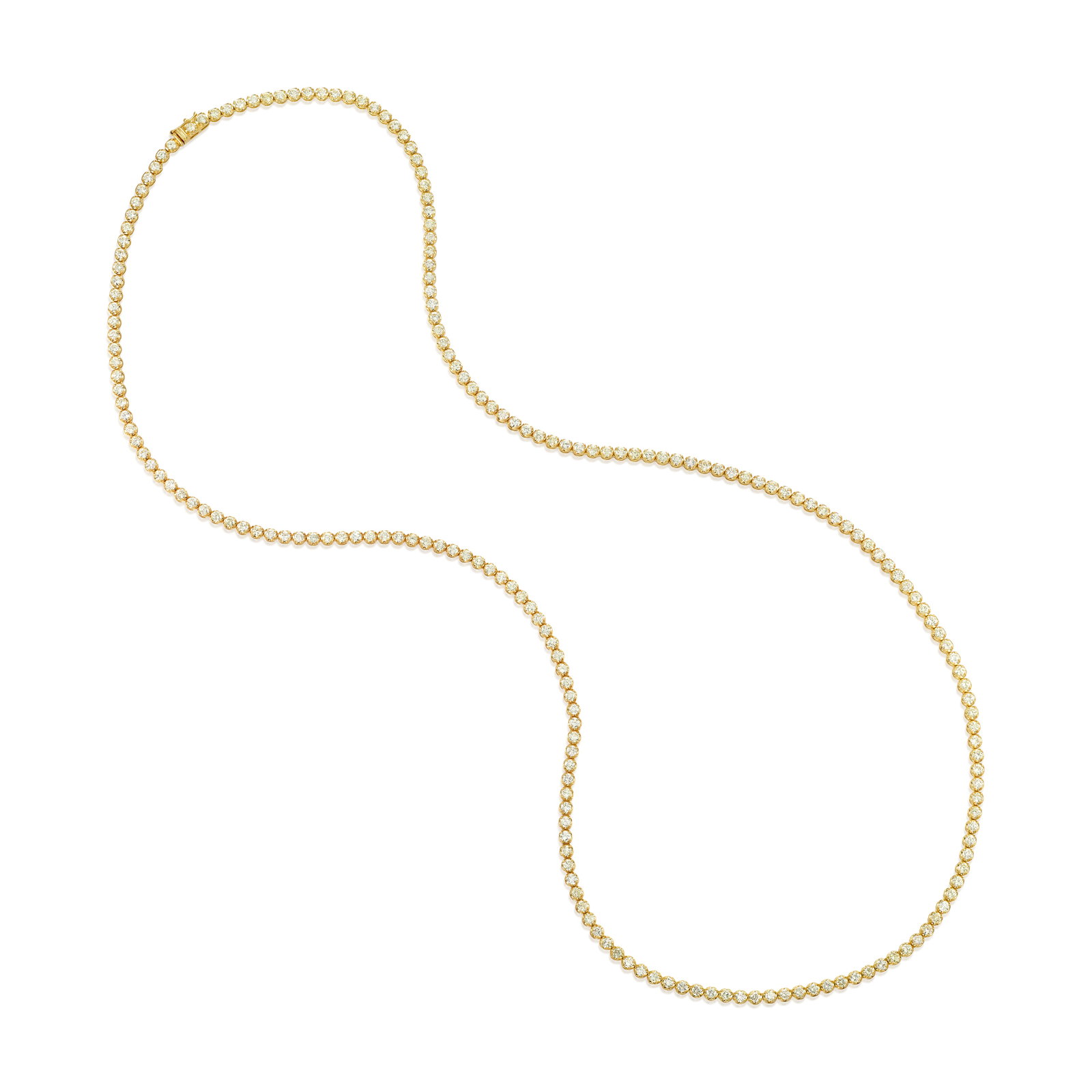 A 14K GOLD AND DIAMOND NECKLACE: A 14K GOLD AND DIAMOND NECKLACE A line necklace comprising round brilliant-cut diamonds; estimated total diamond weight 22.40 carats; length 34 in. Footnotes: OVERALL CONDITION: Metal stamped and test