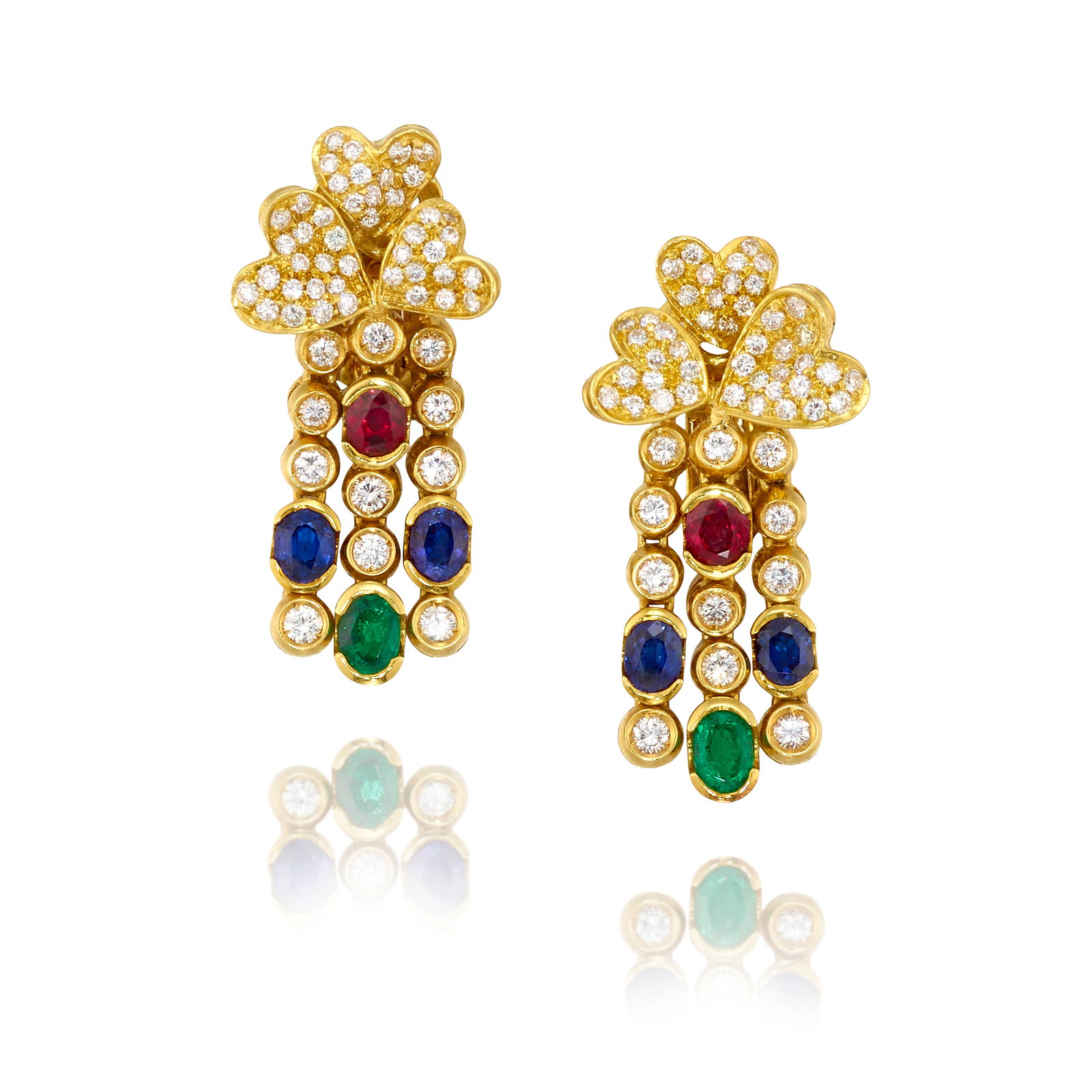 A PAIR OF DIAMOND AND GEM-SET EARRINGS: A PAIR OF DIAMOND AND GEM-SET EARRINGS Each designed as a cluster of hearts, accented with pavé-set round brilliant-cut diamonds, with a round brilliant-cut diamond and oval-shaped ruby,