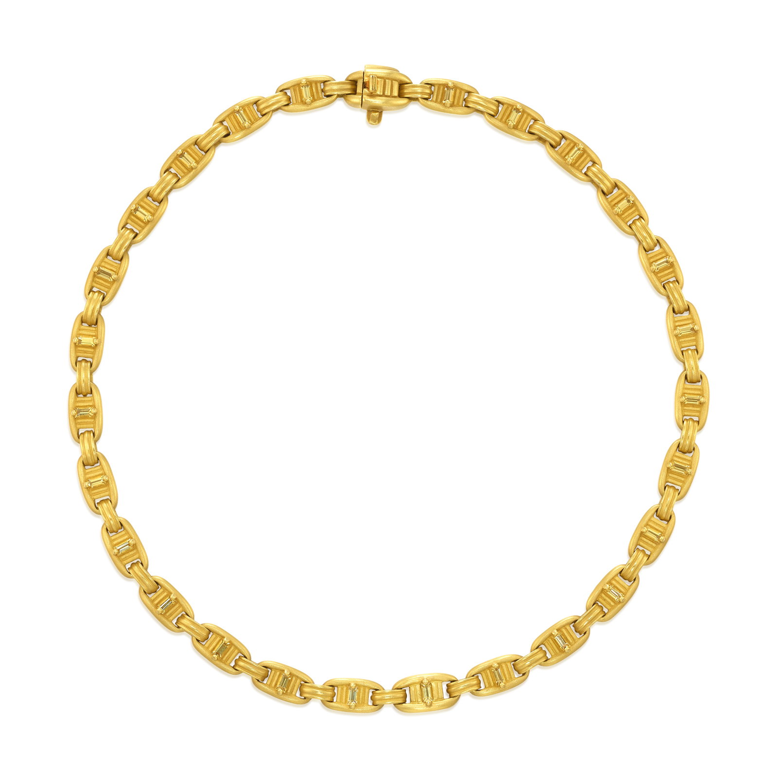 KIESELSTEIN-CORD: AN 18K GOLD AND DIAMOND NECKLACE: KIESELSTEIN-CORD: AN 18K GOLD AND DIAMOND NECKLACE A fancy, brushed gold link chain, accented with baguette-cut diamonds; signed Kieselstein-Cord; with maker's marks; estimated total diamond weight 1.