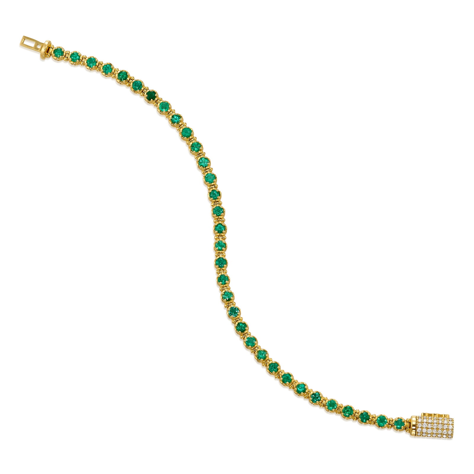 HOORSENBUHS: AN 18K GOLD, EMERALD AND DIAMOND BRACELET: HOORSENBUHS: AN 18K GOLD, EMERALD AND DIAMOND BRACELET A line bracelet comprising round emeralds, the clasp accented with round brilliant-cut diamonds; signed Hoorsenbuhs; estimated total emerald weig