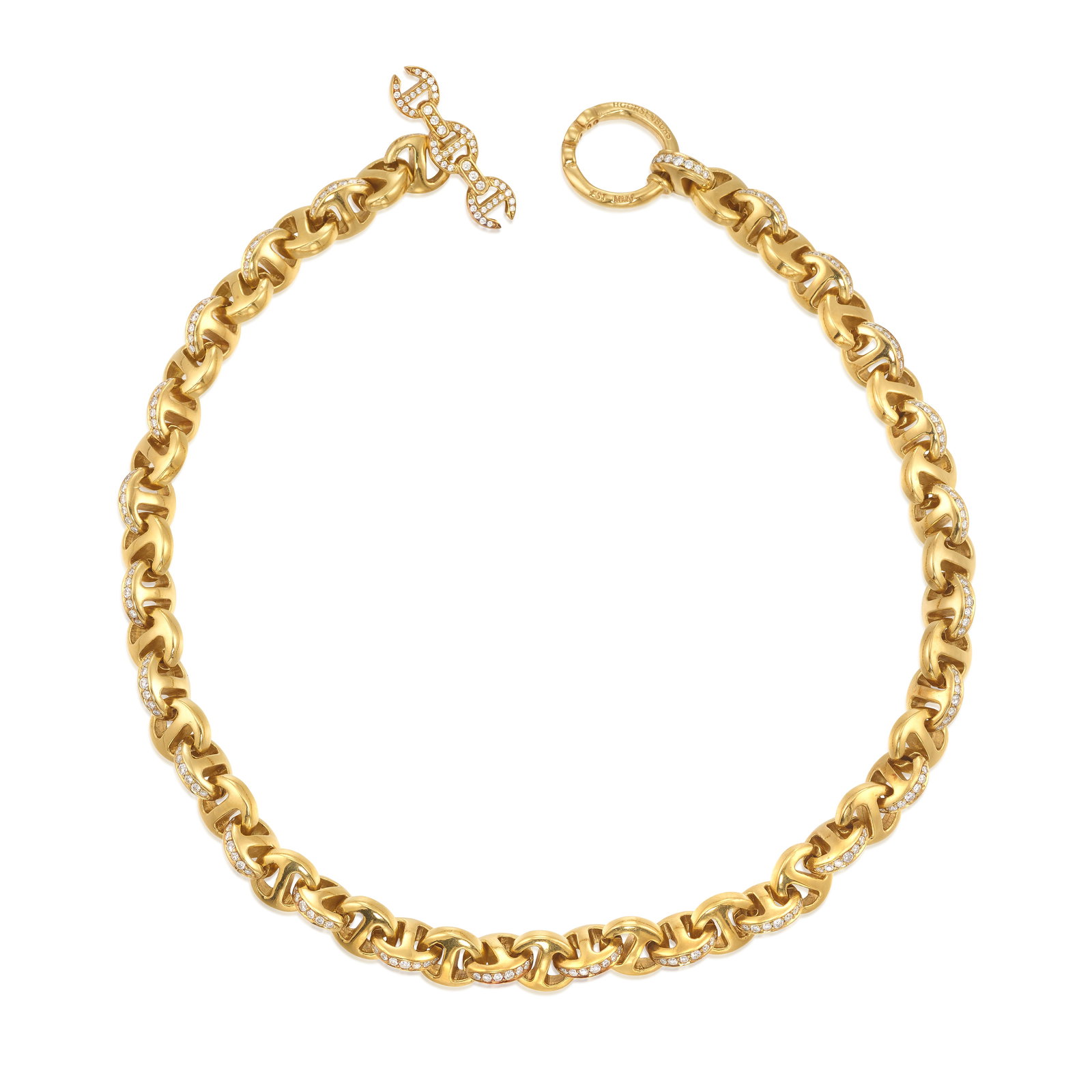 HOORSENBUHS: AN 18K GOLD AND DIAMOND 'OPEN-LINK' NECKLACE: HOORSENBUHS: AN 18K GOLD AND DIAMOND 'OPEN-LINK' NECKLACE A fancy link chain necklace, accented with round brilliant-cut diamonds, completed by a toggle clasp; signed Hoorsenbuhs; estimated total diam