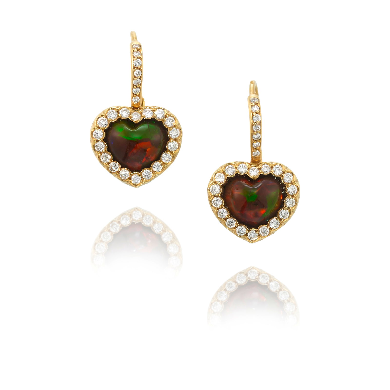 DIOR: A PAIR OF 18K GOLD, BLACK OPAL AND DIAMOND EARRINGS: DIOR: A PAIR OF 18K GOLD, BLACK OPAL AND DIAMOND EARRINGS Each comprising heart-shaped black opals, in surrounds of round brilliant-cut diamonds; signed Dior; with maker's marks; with French assay mar