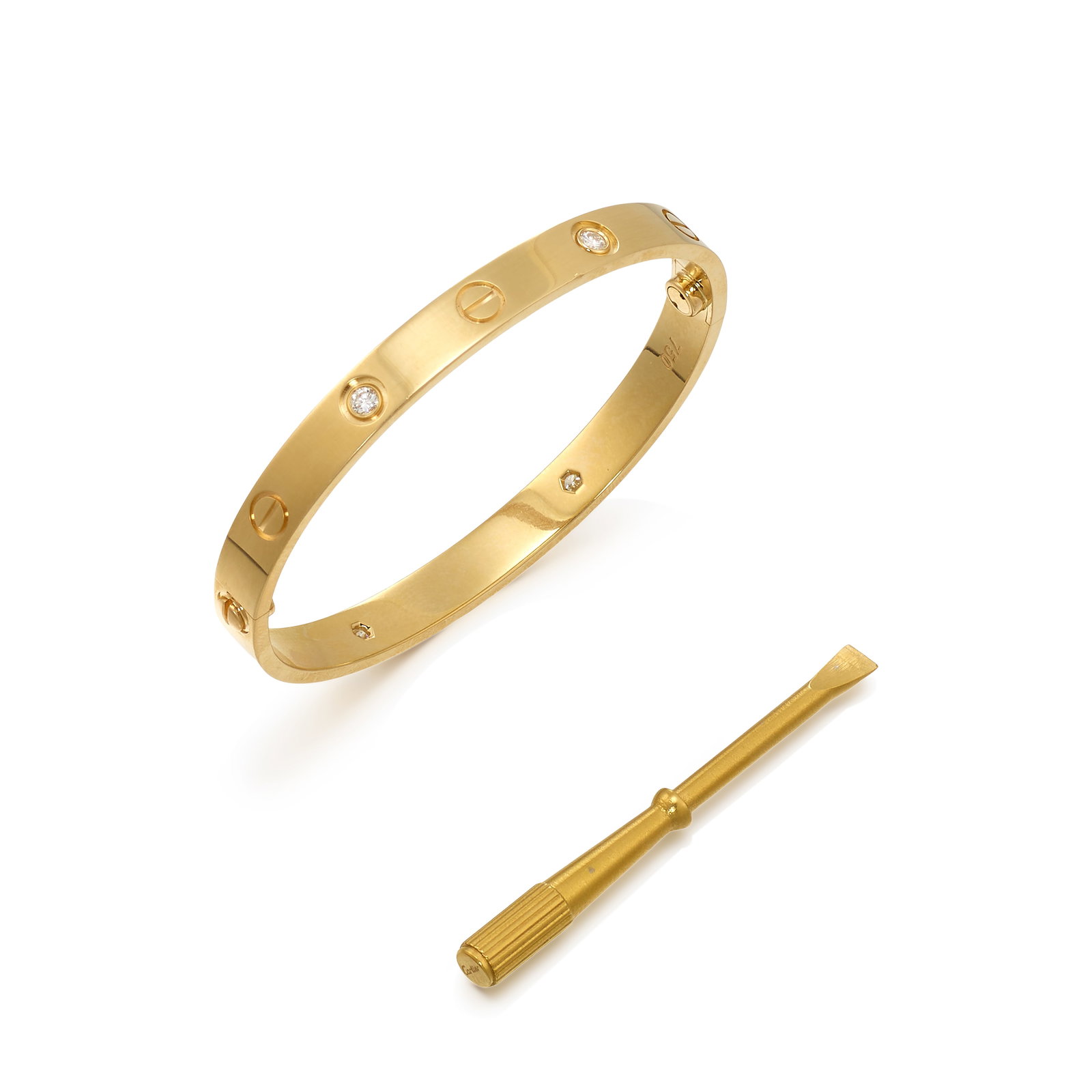 CARTIER: AN 18K GOLD AND DIAMOND 'LOVE' BRACELET: CARTIER: AN 18K GOLD AND DIAMOND 'LOVE' BRACELET Of the iconic, multi-screw design, accented with round brilliant-cut diamonds; signed Cartier; with maker's mark; with serial number; estimated total d