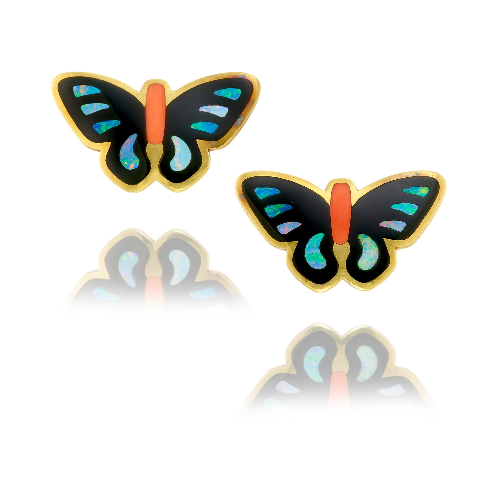 ANGELA CUMMINGS FOR TIFFANY & CO.: A PAIR OF 18K GOLD AND GEM-SET EARRINGS: ANGELA CUMMINGS FOR TIFFANY & CO.: A PAIR OF 18K GOLD AND GEM-SET EARRINGS Each designed as a butterfly, with onyx, coral and opal inlay; signed T&Co.; with maker's mark; measures 1 3/8 x 13/16 in. Fo