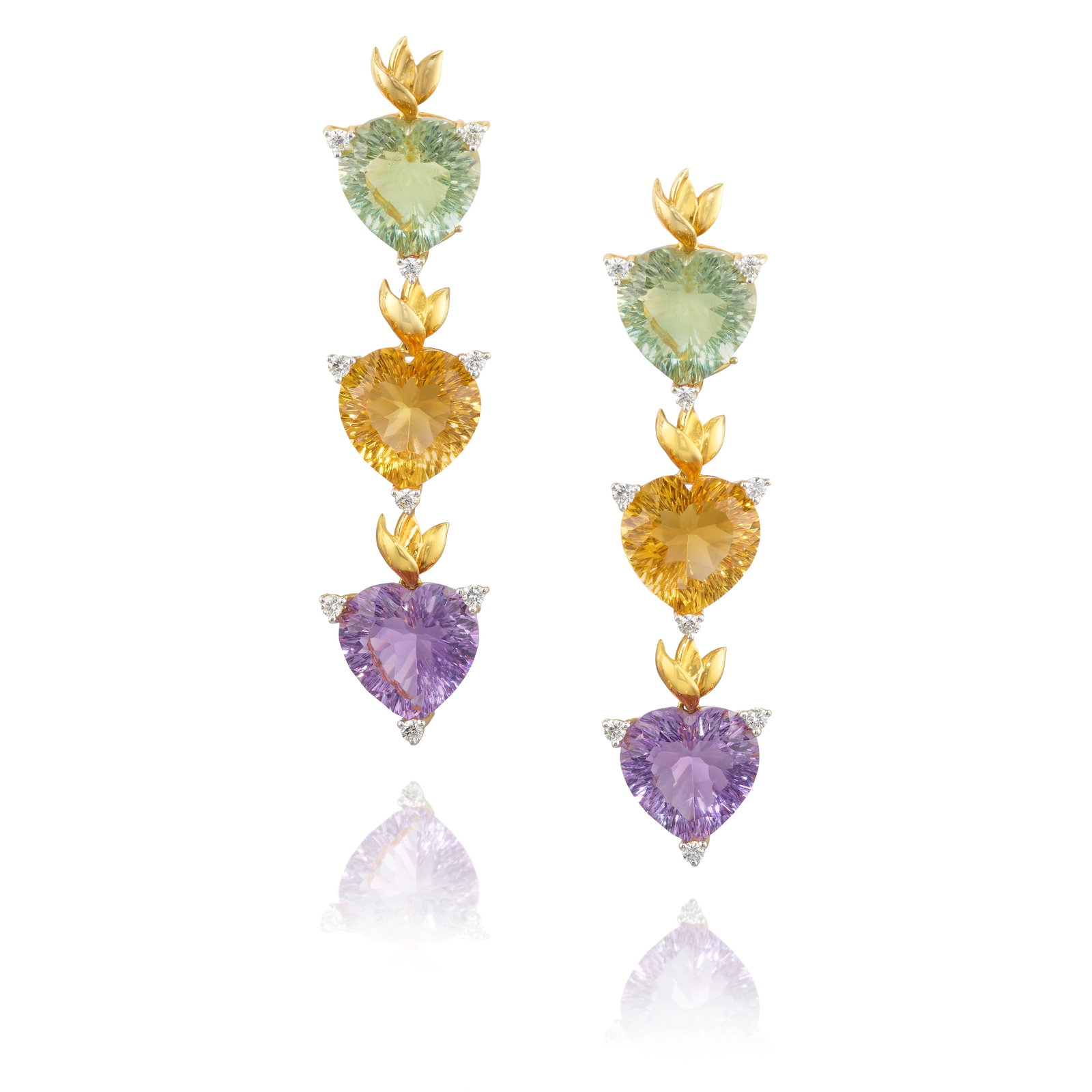 TONY DUQUETTE: A PAIR OF 18K GOLD, GEM-SET AND DIAMOND EARRINGS: TONY DUQUETTE: A PAIR OF 18K GOLD, GEM-SET AND DIAMOND EARRINGS Comprising heart-shaped amethyst, citrine and green quartz, each accented with round brilliant-cut diamonds, with gold foliate elements;