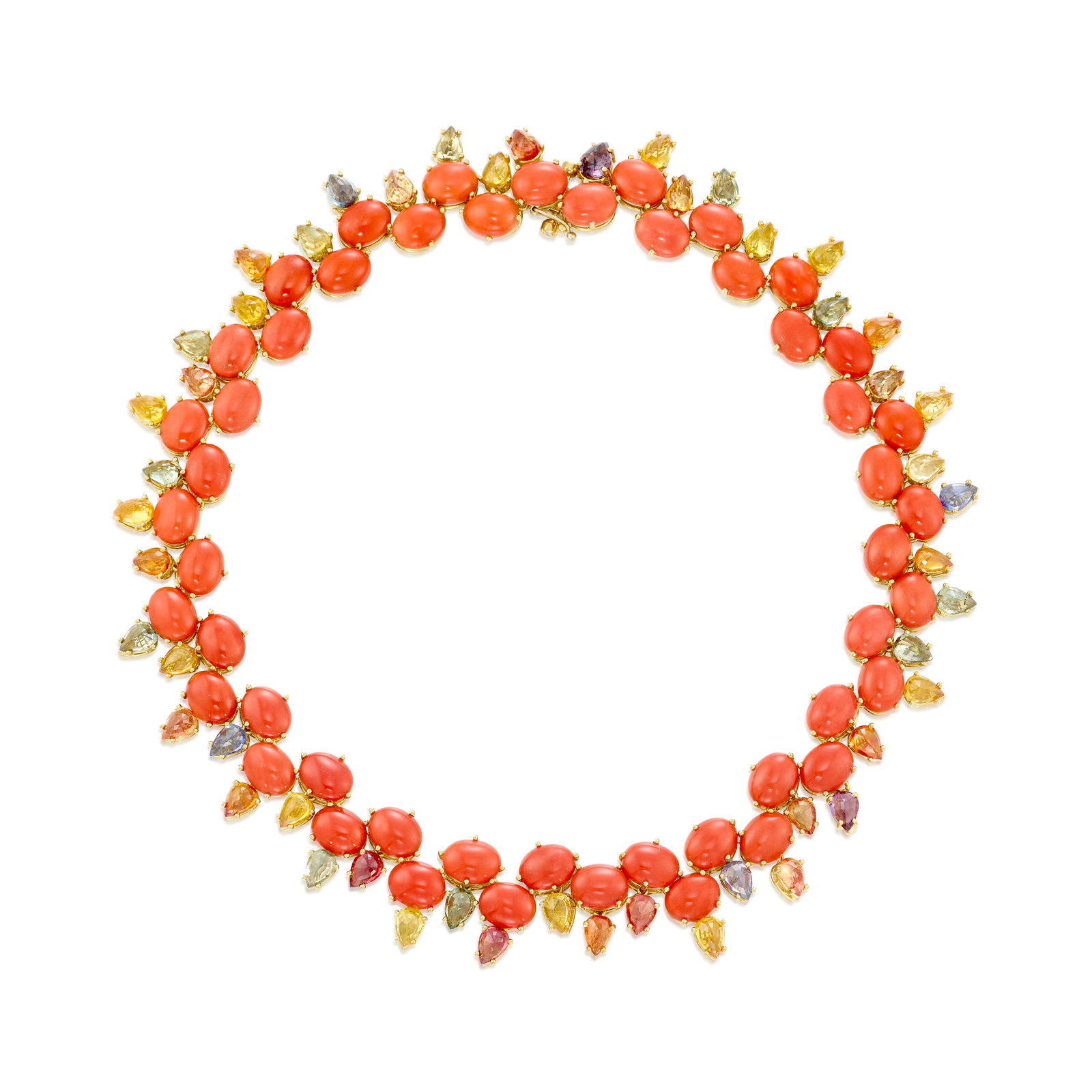 NARDI: AN 18K GOLD, CORAL AND MULTI-COLORED SAPPHIRE NECKLACE: NARDI: AN 18K GOLD, CORAL AND MULTI-COLORED SAPPHIRE NECKLACE Comprising a double row of oval-shaped cabochon coral, accented with pear-shaped sapphires of blue, violet, red, green and yellow hues; si