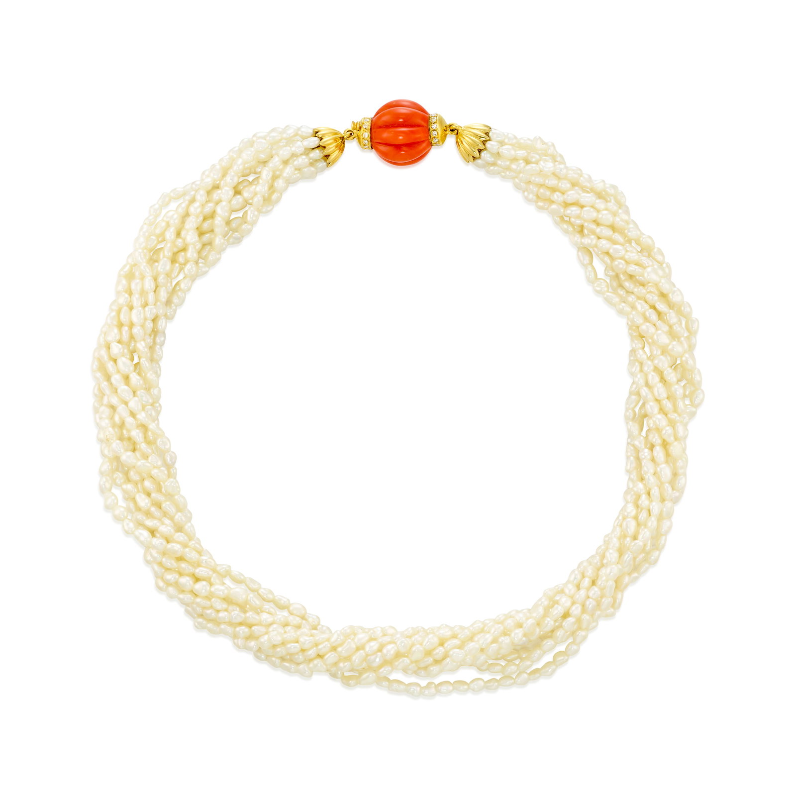 MIKIMOTO: AN 18K GOLD, SEED PEARL, CORAL AND DIAMOND NECKLACE: MIKIMOTO: AN 18K GOLD, SEED PEARL, CORAL AND DIAMOND NECKLACE A torsade comprising ten strands of cultured pearls, gathered by a clasp of carved coral, accented with single-cut diamonds; with maker's 