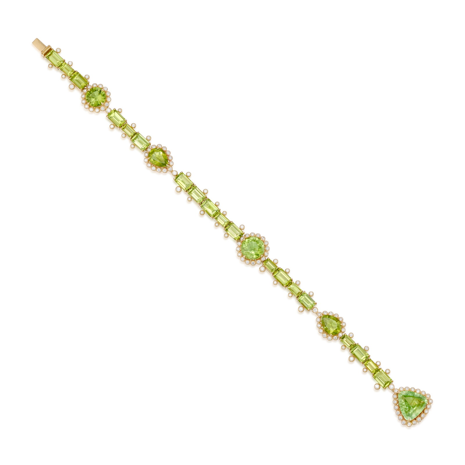 FEI LIU: A 14K PINK GOLD, PERIDOT AND DIAMOND BRACELET: FEI LIU: A 14K PINK GOLD, PERIDOT AND DIAMOND BRACELET Alternating pear-shaped, round, emerald and trilliant-cut peridot, accented across with round brilliant-cut diamonds; with maker's mark; with Eng