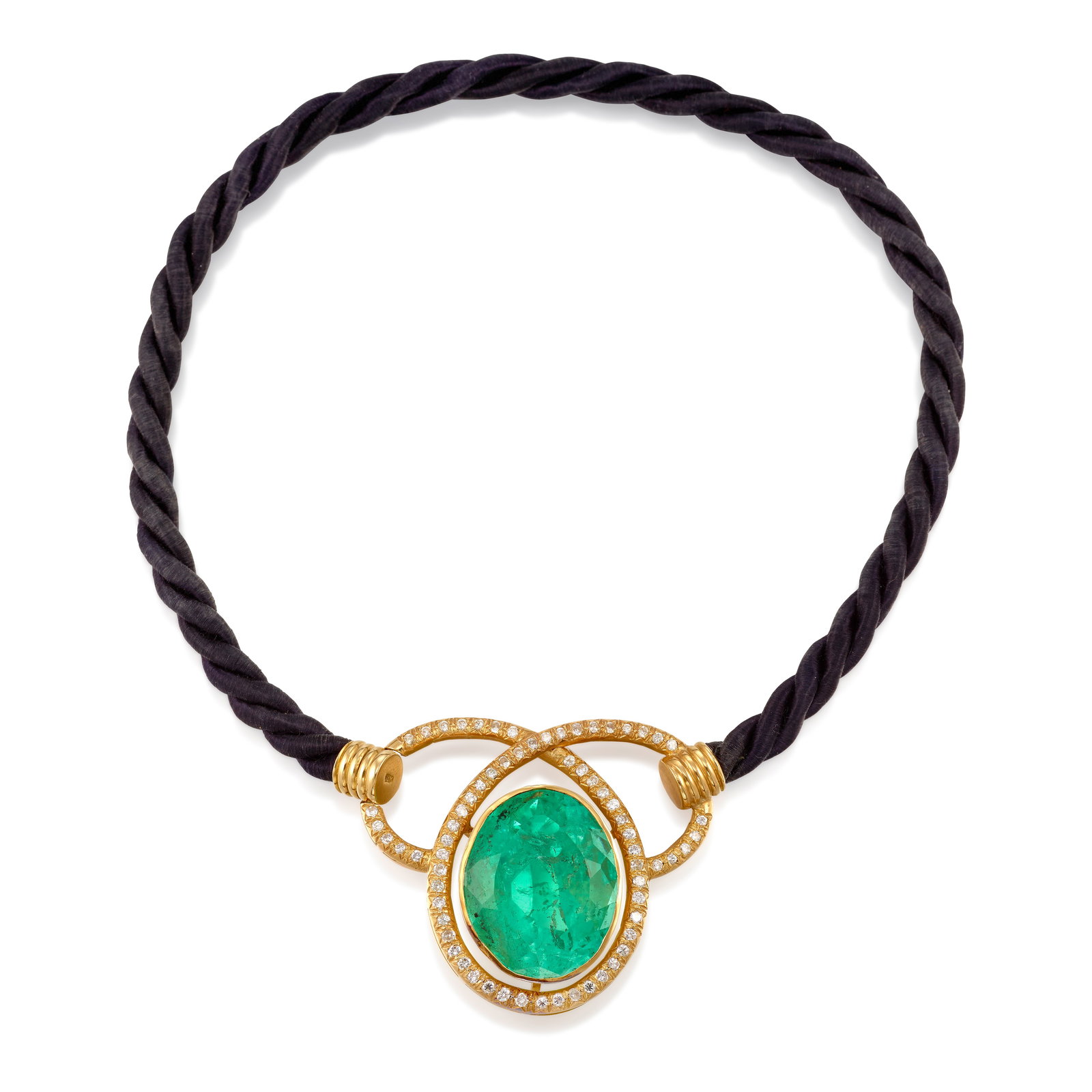AN 18K GOLD, EMERALD AND DIAMOND PENDANT NECKLACE: AN 18K GOLD, EMERALD AND DIAMOND PENDANT NECKLACE Centering an oval-shaped emerald, in a surround of round brilliant-cut diamonds, completed by a black cord necklace; estimated emerald weight 59.60 ca