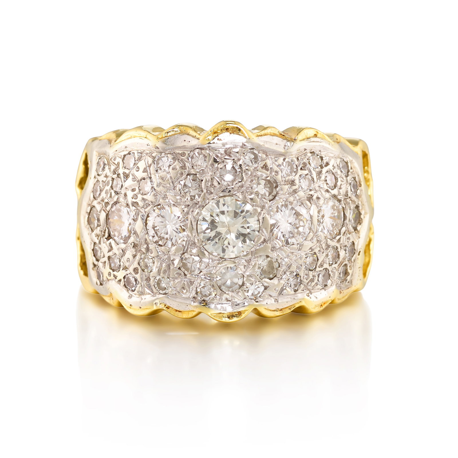 HENRY DUNAY: AN 18K BICOLOR GOLD AND DIAMOND RING: HENRY DUNAY: AN 18K BICOLOR GOLD AND DIAMOND RING Of honeycomb design, pavé-set with round brilliant and single-cut diamonds; partially signed Dunay; estimated total diamond weight 1.40 carats; s