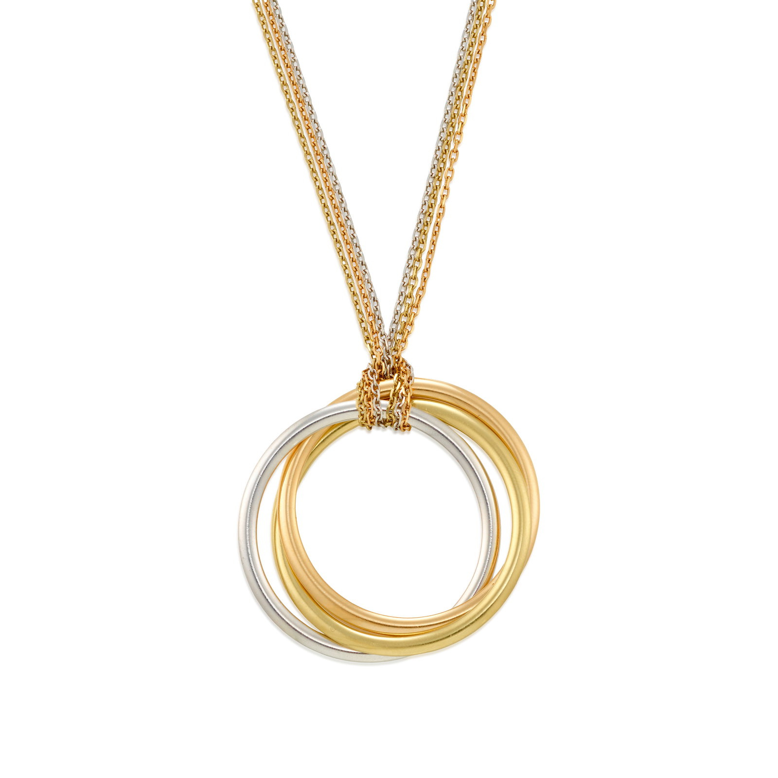 CARTIER: AN 18K TRICOLOR GOLD 'TRINITY' PENDANT NECKLACE: CARTIER: AN 18K TRICOLOR GOLD 'TRINITY' PENDANT NECKLACE The pendant designed as interlocking rings, suspended from a triple chain necklace, both of white, yellow and pink gold; each signed Cartier; p