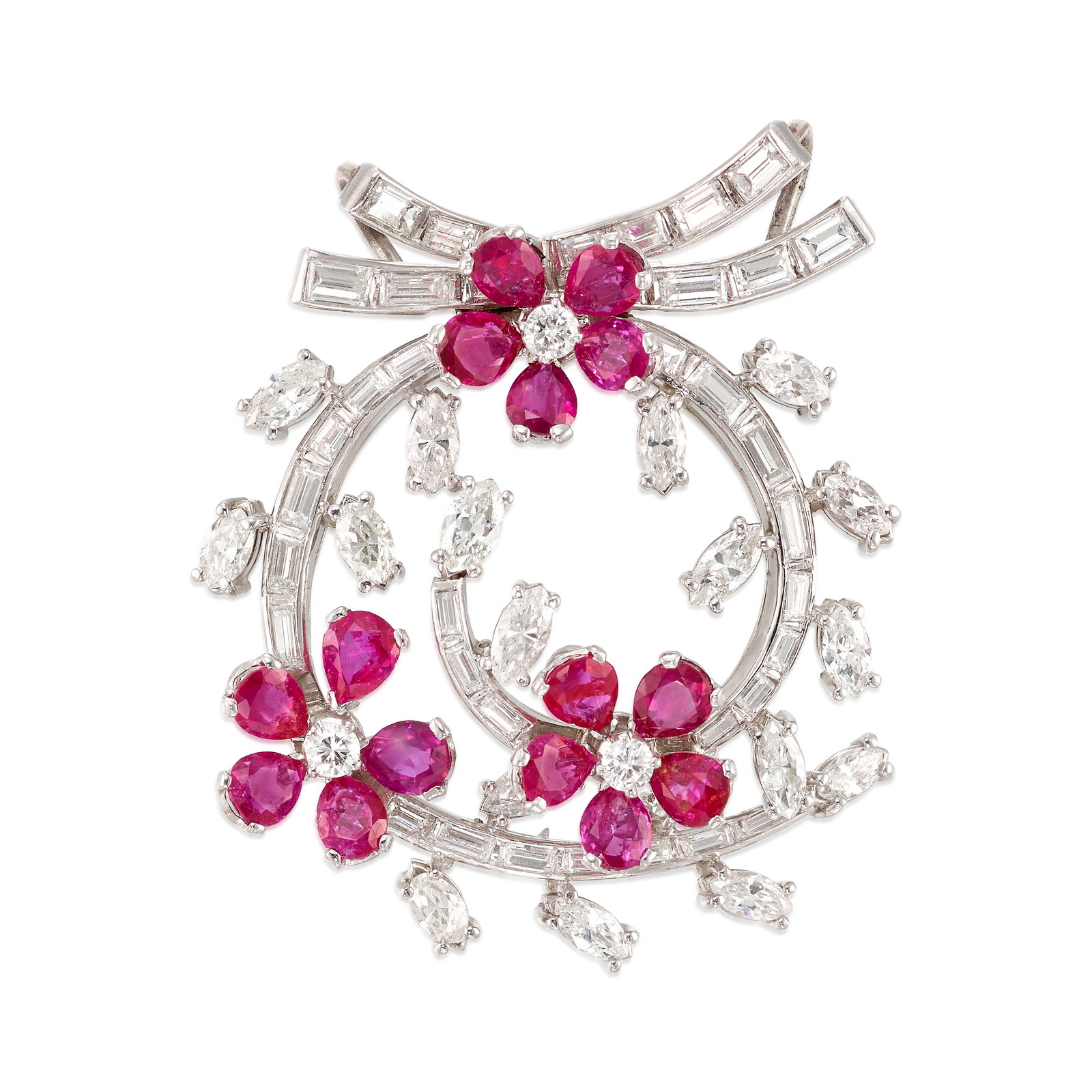 A RUBY AND DIAMOND PENDANT/CLIP BROOCH: A RUBY AND DIAMOND PENDANT/CLIP BROOCH Of floral motif, comprising round brilliant, baguette-cut and marquise-shaped diamonds, accented with pear-shaped rubies; estimated total diamond weight 5.50 car