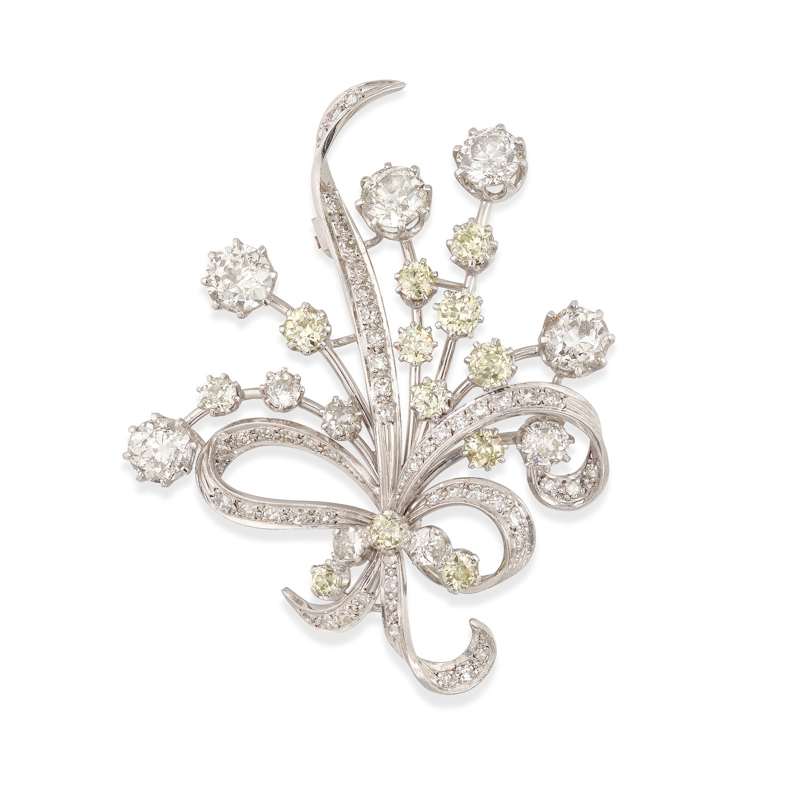 A DIAMOND BROOCH: A DIAMOND BROOCH Designed as a spray, set throughout with old European, old mine and single-cut diamonds; estimated total weight 5.75 carats; mounted in 18K white gold; measures 2 3/8 x 1 7/8 in.