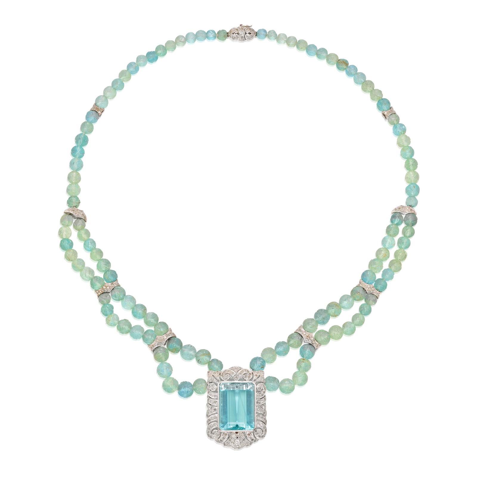 AN AQUAMARINE AND DIAMOND NECKLACE: AN AQUAMARINE AND DIAMOND NECKLACE A center pendant, featuring an octagonal, step-cut aquamarine, suspended from a necklace of carved round aquamarine beads, the pendant, stations and clasp accented