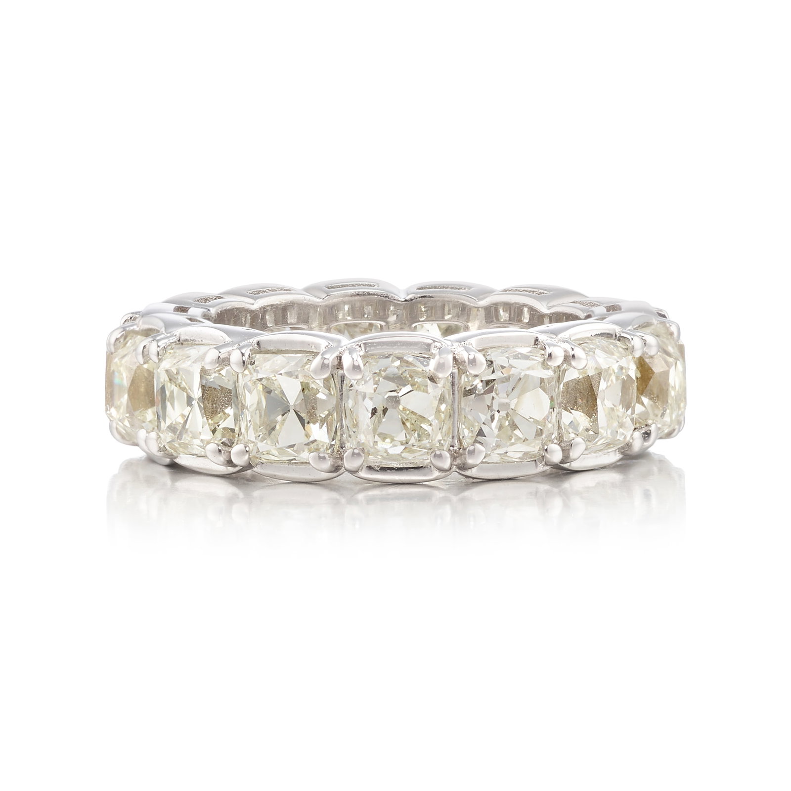 A DIAMOND RING: A DIAMOND RING An eternity band of cushion-shaped, old European and old mine-cut diamonds; estimated total diamond weight 7.25 carats; mounted in 18k white gold; size 5 Footnotes: OVERALL CONDITION: M