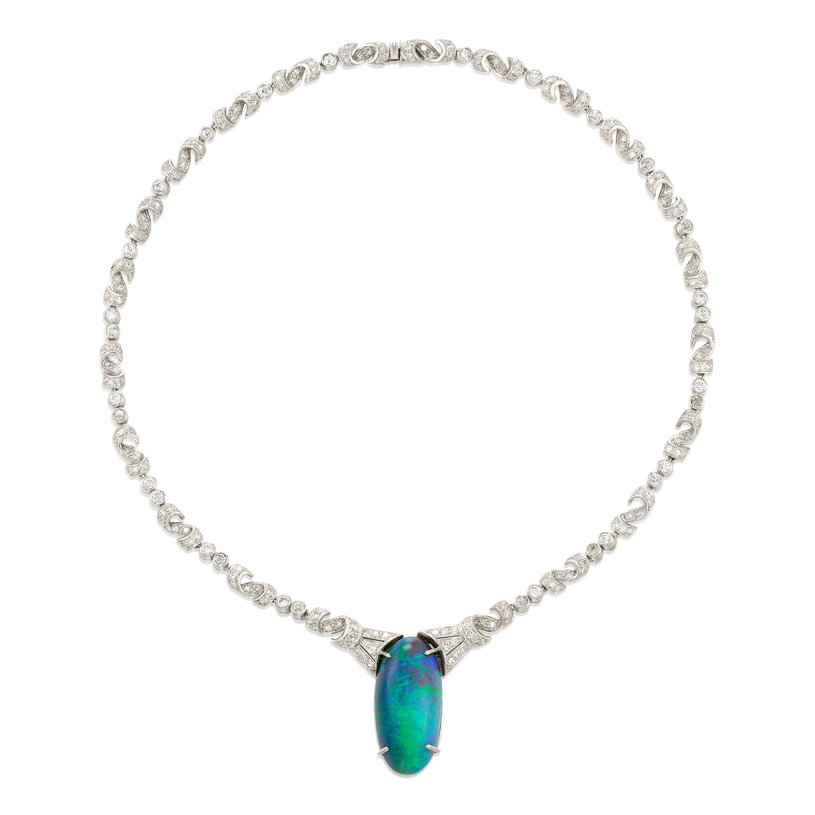 AN OPAL AND DIAMOND NECKLACE, CIRCA 1950: AN OPAL AND DIAMOND NECKLACE, CIRCA 1950 Comprising an oval-shaped cabochon opal and old European, old mine and single-cut diamonds; estimated opal weight 17.75 carats; estimated total diamond weight